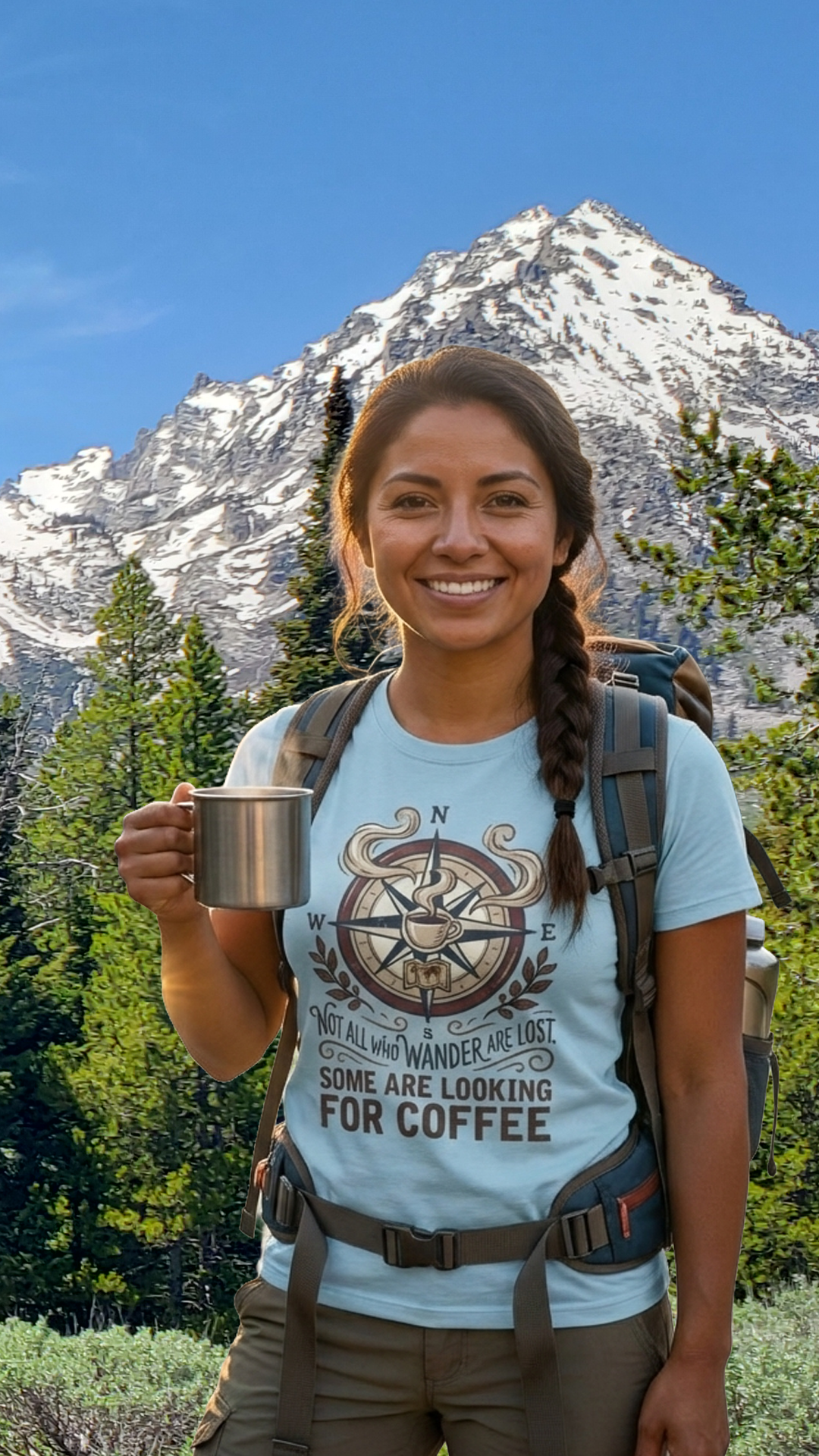 Coffee Compass T‑Shirt — "Not All Who Wander Are Lost, Some Are Looking for Coffee" Adventure Tee