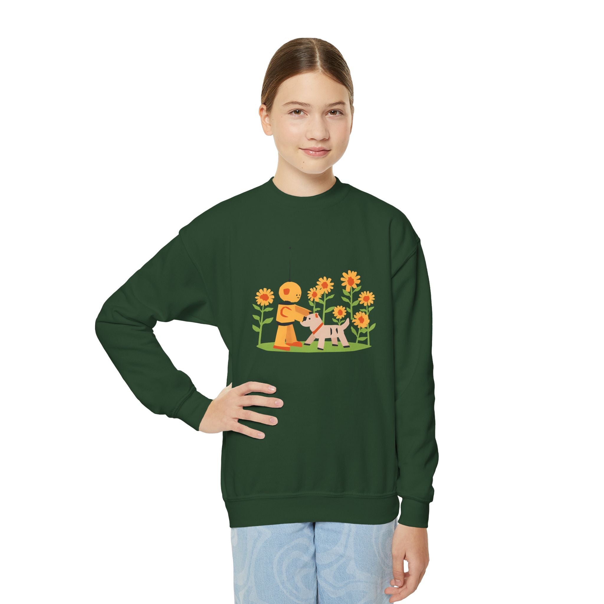 KidBots Sunflowers and Puppy Youth Crewneck Sweatshirt, Fun Kids Clothing, Gift for Children, Spring Look, Casual Wear