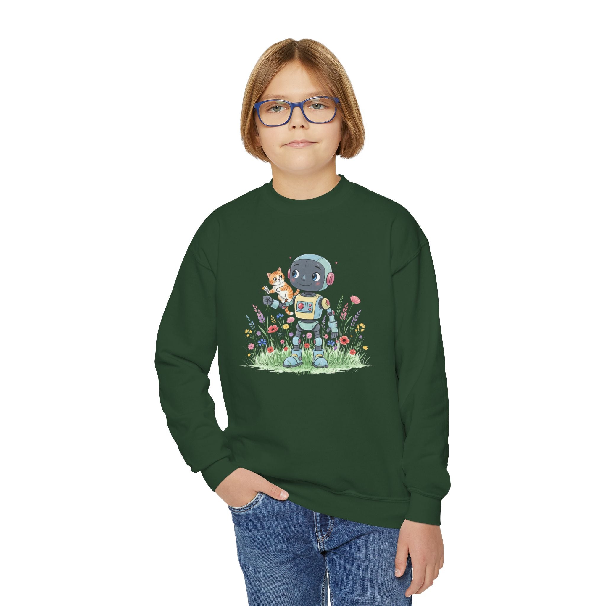 KidBots Kitty Ride Youth Crewneck Sweatshirt, Fun Kids Clothing, Gift for Children, Spring Look, Casual Wear