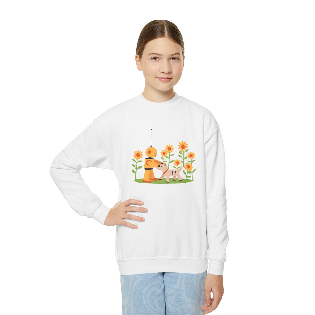KidBots Sunflowers and Puppy Youth Crewneck Sweatshirt, Fun Kids Clothing, Gift for Children, Spring Look, Casual Wear
