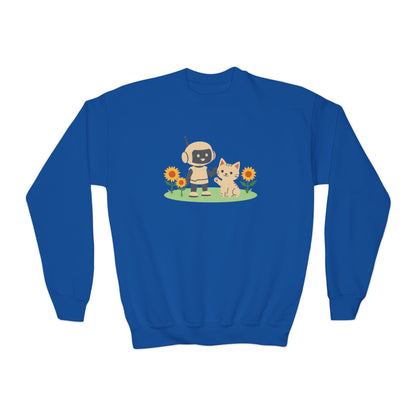 KidBots Kitten in Sunflowers Youth Crewneck Sweatshirt, Fun Kids Clothing, Gift for Children, Spring Look, Casual Wear