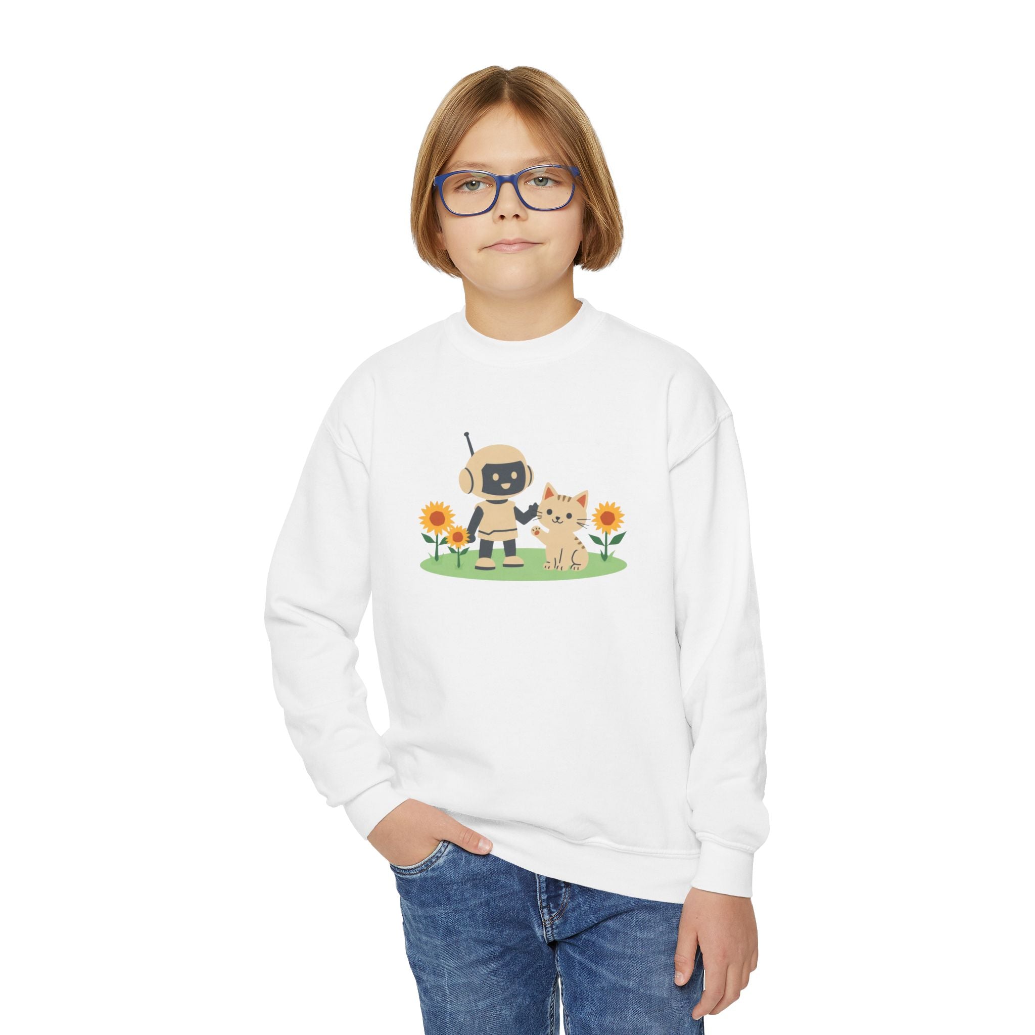 KidBots Kitten in Sunflowers Youth Crewneck Sweatshirt, Fun Kids Clothing, Gift for Children, Spring Look, Casual Wear