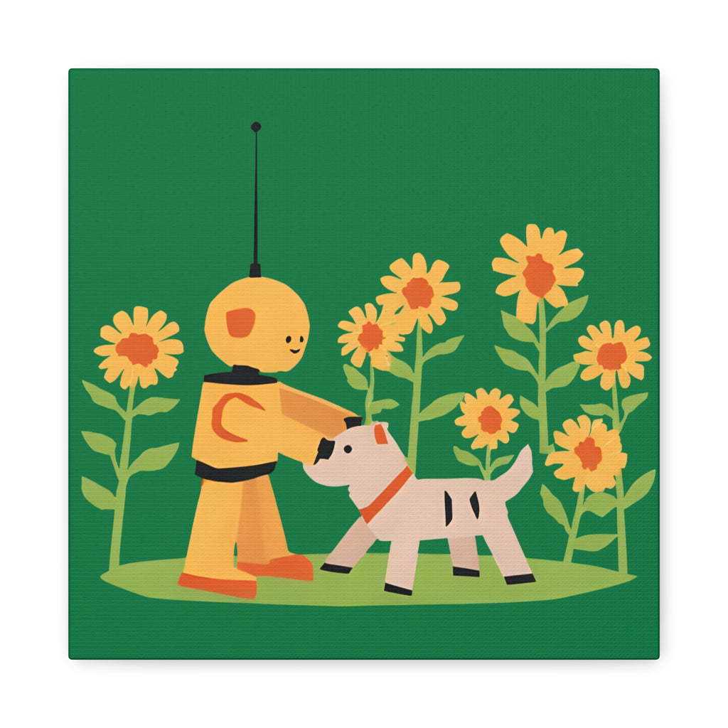 Kidbots Collection, sunflowers and puppy, Whimsical Canvas Art, Playful Wall Decor, Kid-Friendly Room Accent, Nursery Artwork, Gift for Dog Lovers