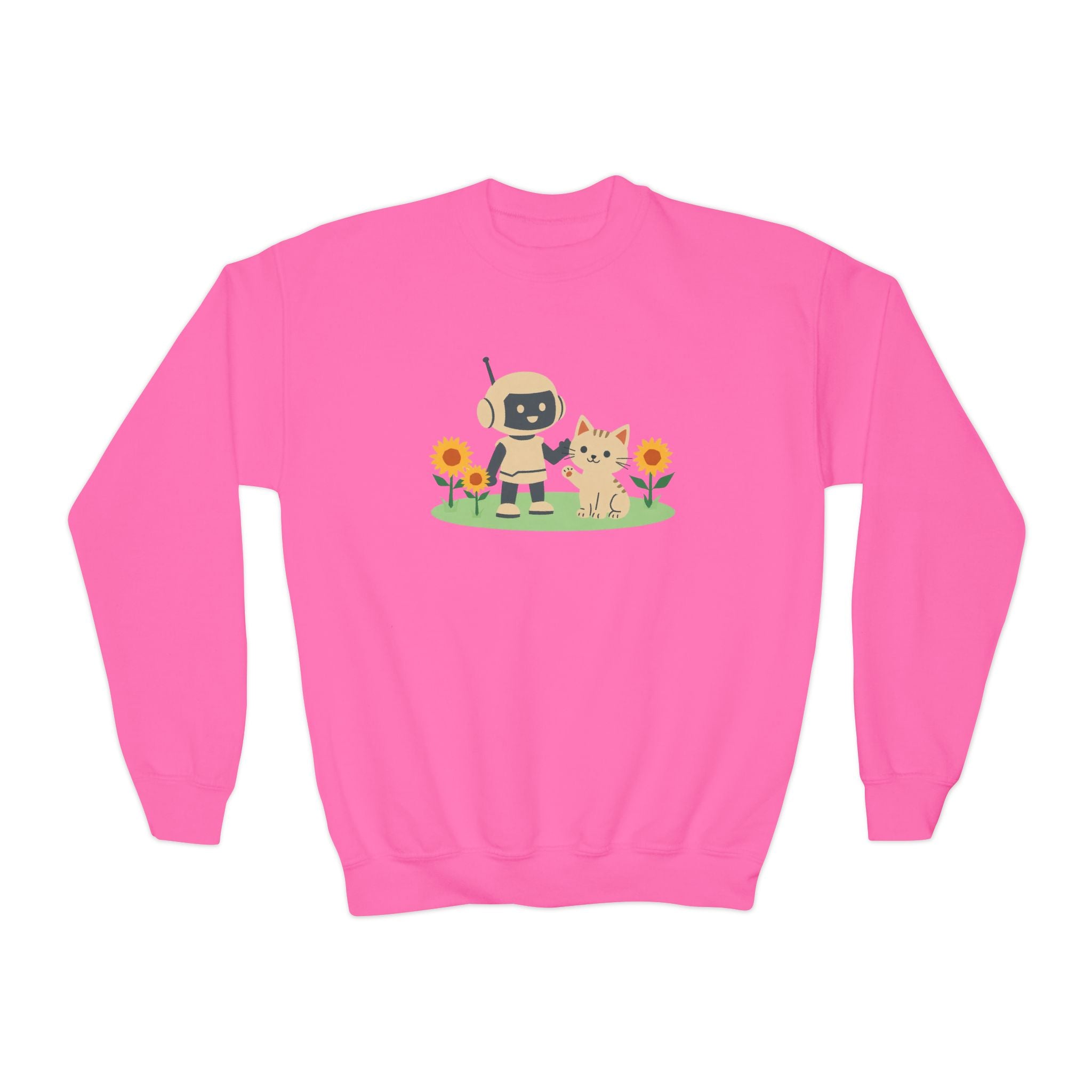 KidBots Kitten in Sunflowers Youth Crewneck Sweatshirt, Fun Kids Clothing, Gift for Children, Spring Look, Casual Wear