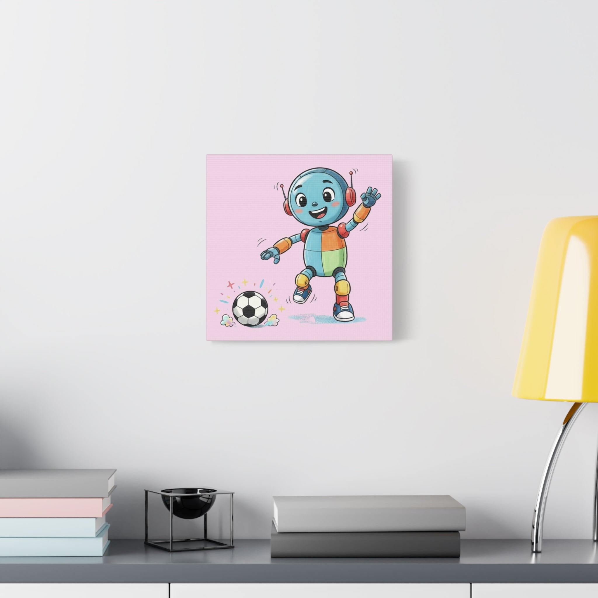 Kidbots Sports Collection, Football / Soccer, Whimsical Canvas Art, Playful Wall Decor, Kid-Friendly Room Accent, Nursery Artwork, Gift for Sport