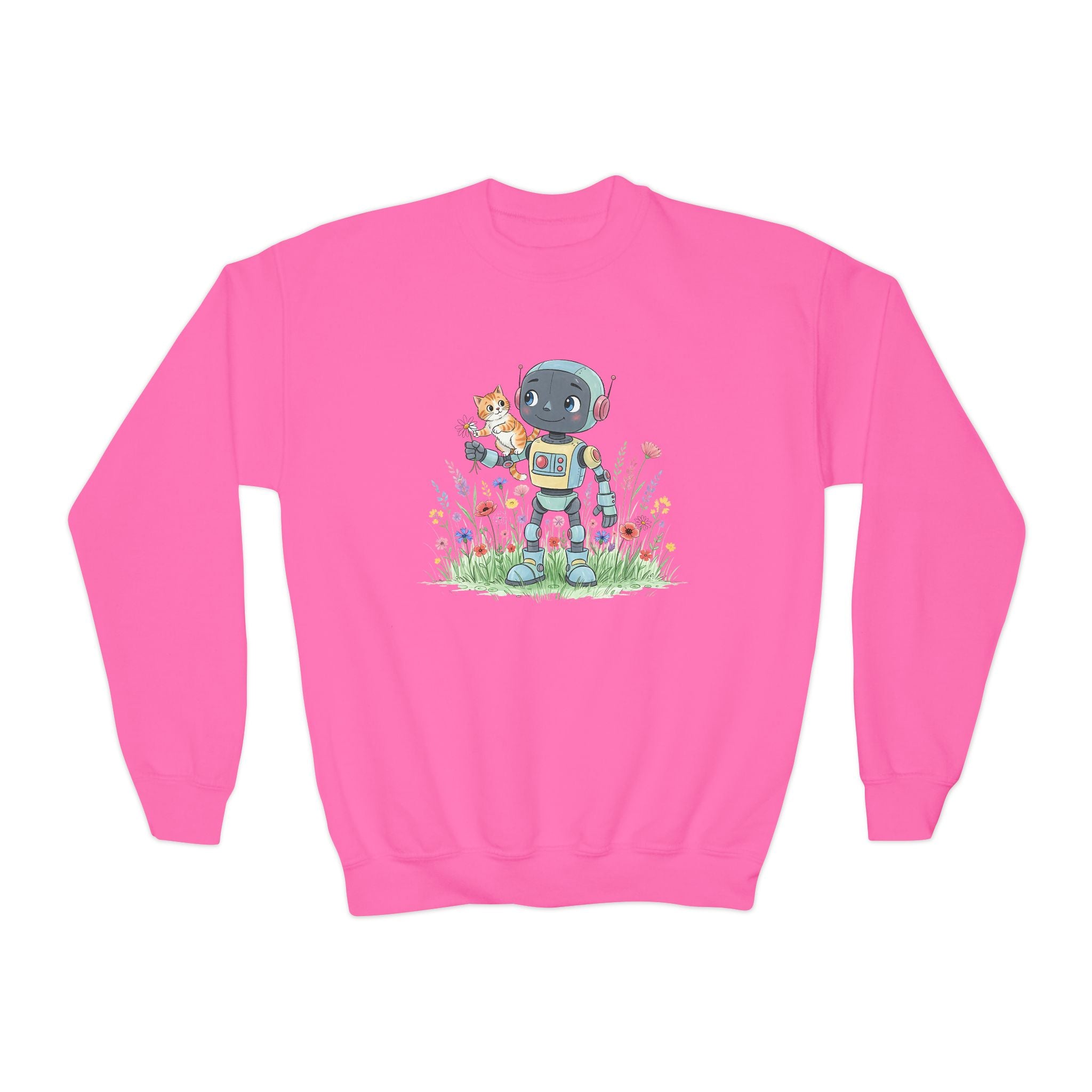 KidBots Kitty Ride Youth Crewneck Sweatshirt, Fun Kids Clothing, Gift for Children, Spring Look, Casual Wear