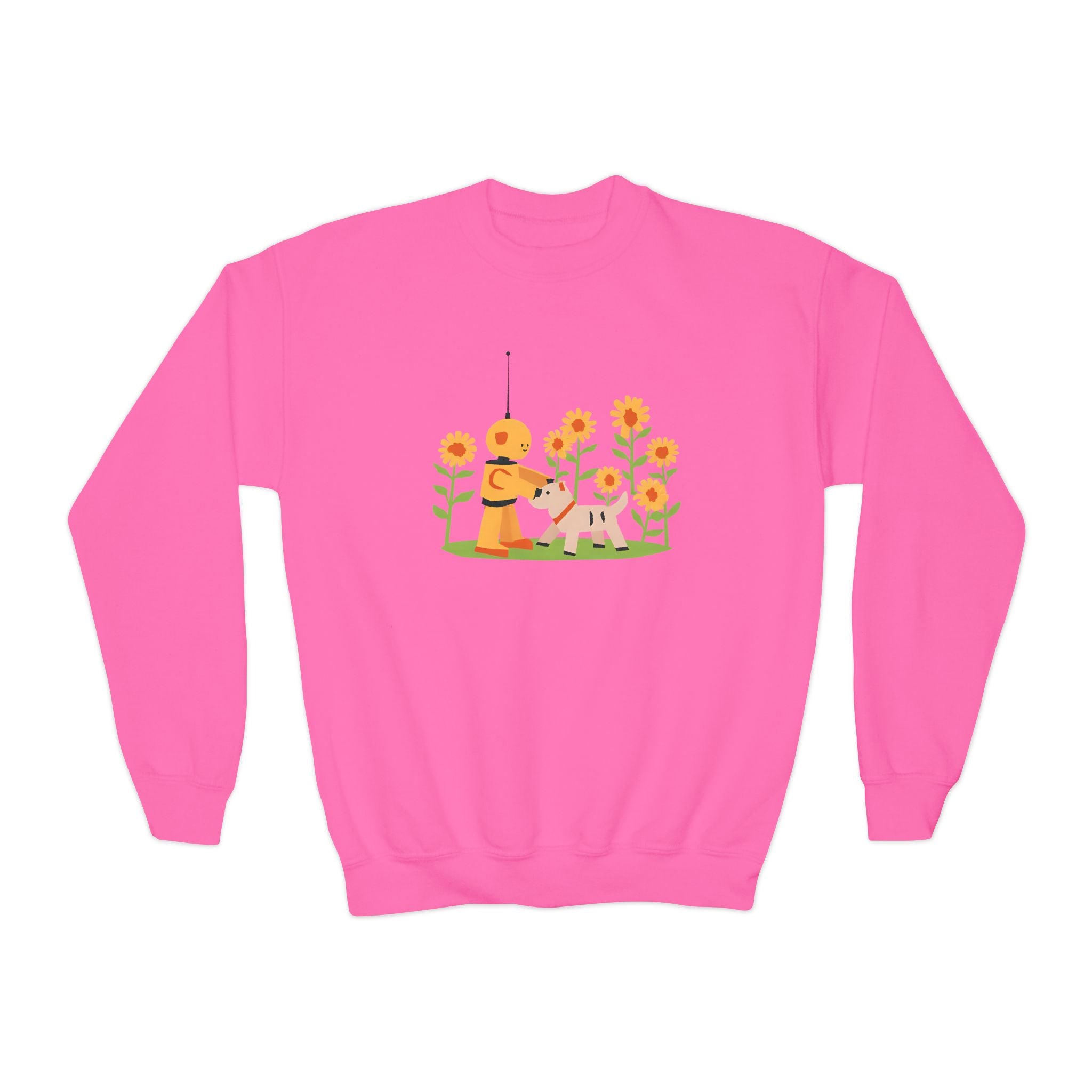 KidBots Sunflowers and Puppy Youth Crewneck Sweatshirt, Fun Kids Clothing, Gift for Children, Spring Look, Casual Wear