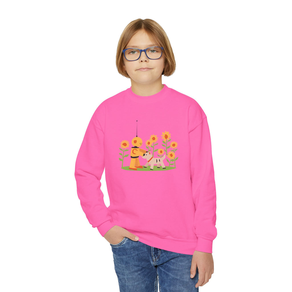 KidBots Sunflowers and Puppy Youth Crewneck Sweatshirt, Fun Kids Clothing, Gift for Children, Spring Look, Casual Wear