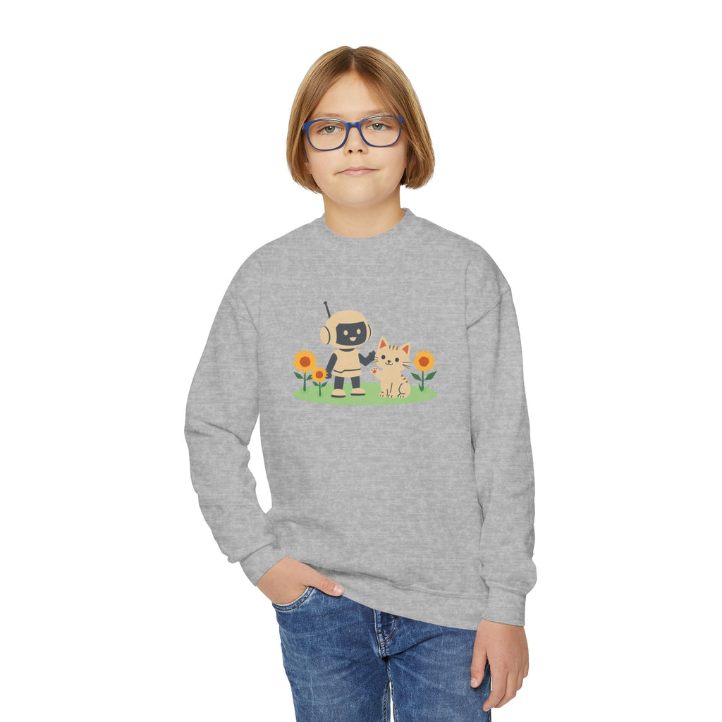 KidBots Kitten in Sunflowers Youth Crewneck Sweatshirt, Fun Kids Clothing, Gift for Children, Spring Look, Casual Wear