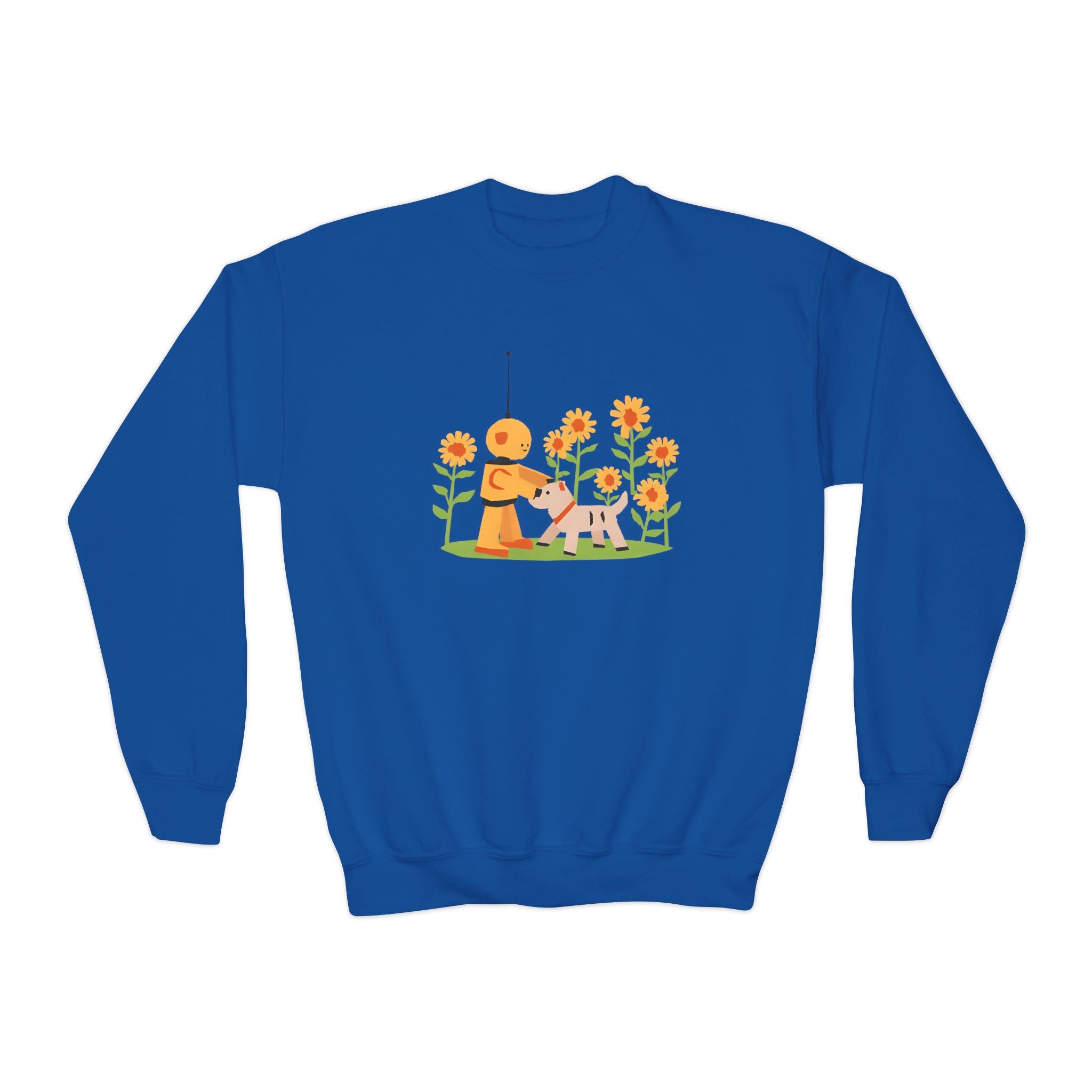 KidBots Sunflowers and Puppy Youth Crewneck Sweatshirt, Fun Kids Clothing, Gift for Children, Spring Look, Casual Wear