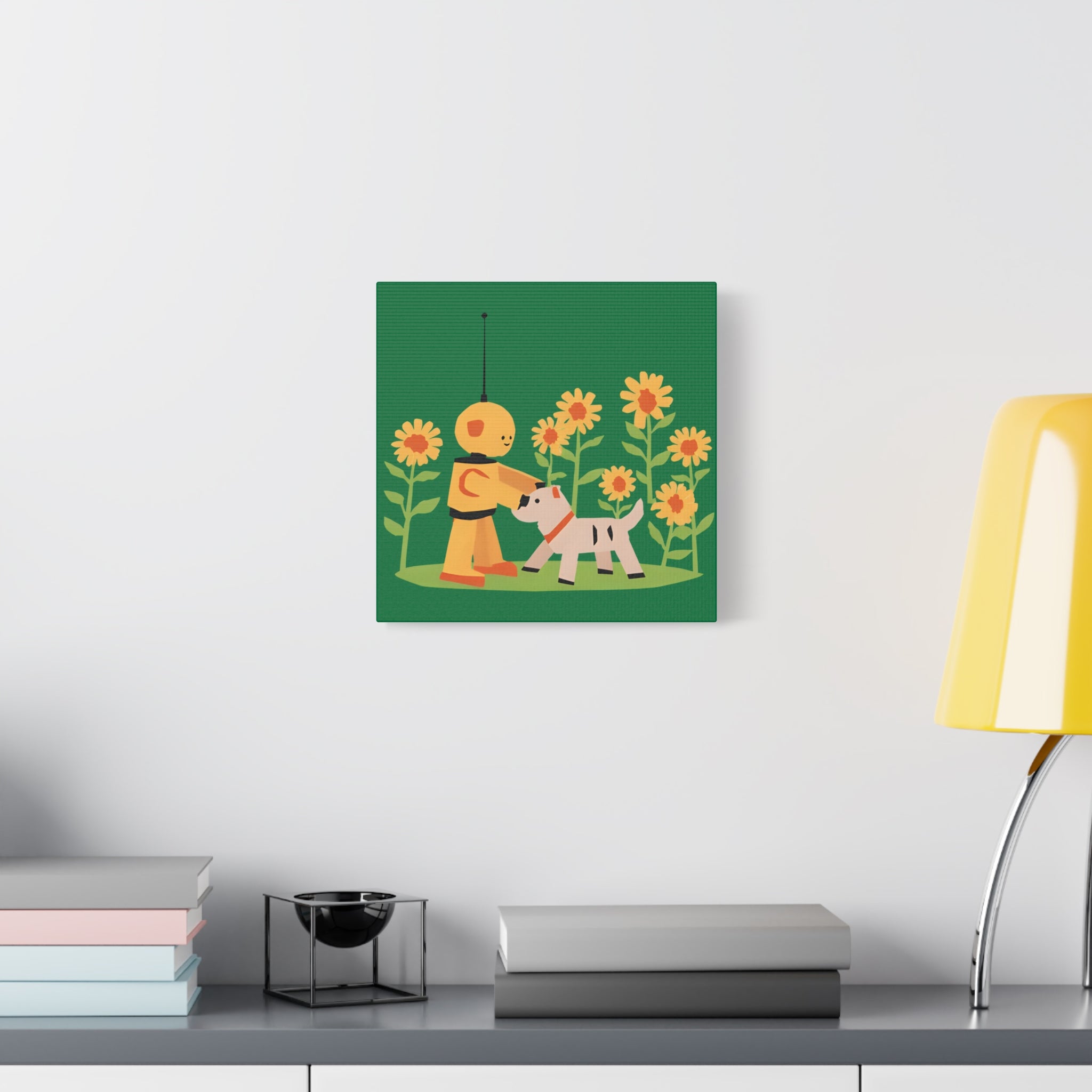 Kidbots Collection, sunflowers and puppy, Whimsical Canvas Art, Playful Wall Decor, Kid-Friendly Room Accent, Nursery Artwork, Gift for Dog Lovers