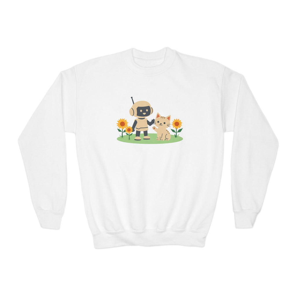 KidBots Kitten in Sunflowers Youth Crewneck Sweatshirt, Fun Kids Clothing, Gift for Children, Spring Look, Casual Wear