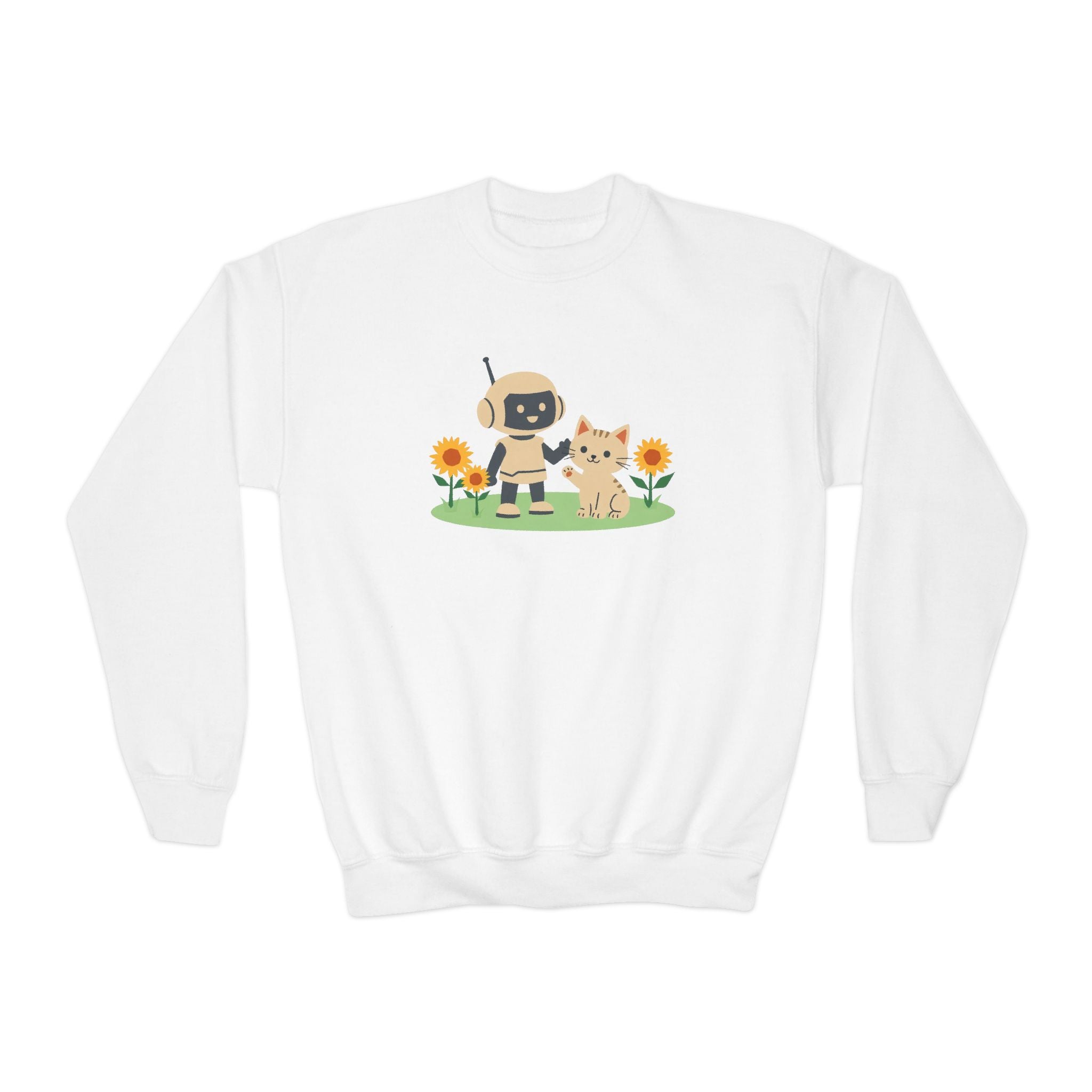 KidBots Kitten in Sunflowers Youth Crewneck Sweatshirt, Fun Kids Clothing, Gift for Children, Spring Look, Casual Wear
