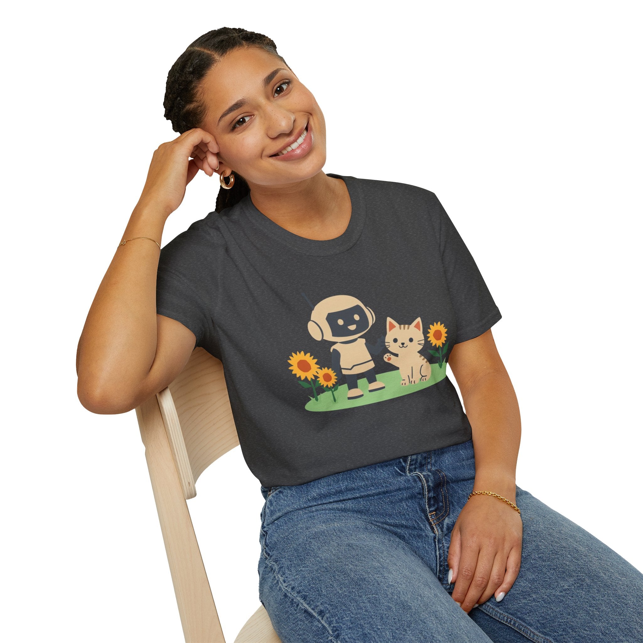 KidBots Kitten and Sunflowers Adult Unisex Softstyle T-Shirt | Fun Robot and Dog Design |  Pet Lovers, Casual Wear, Birthday, Every [...]