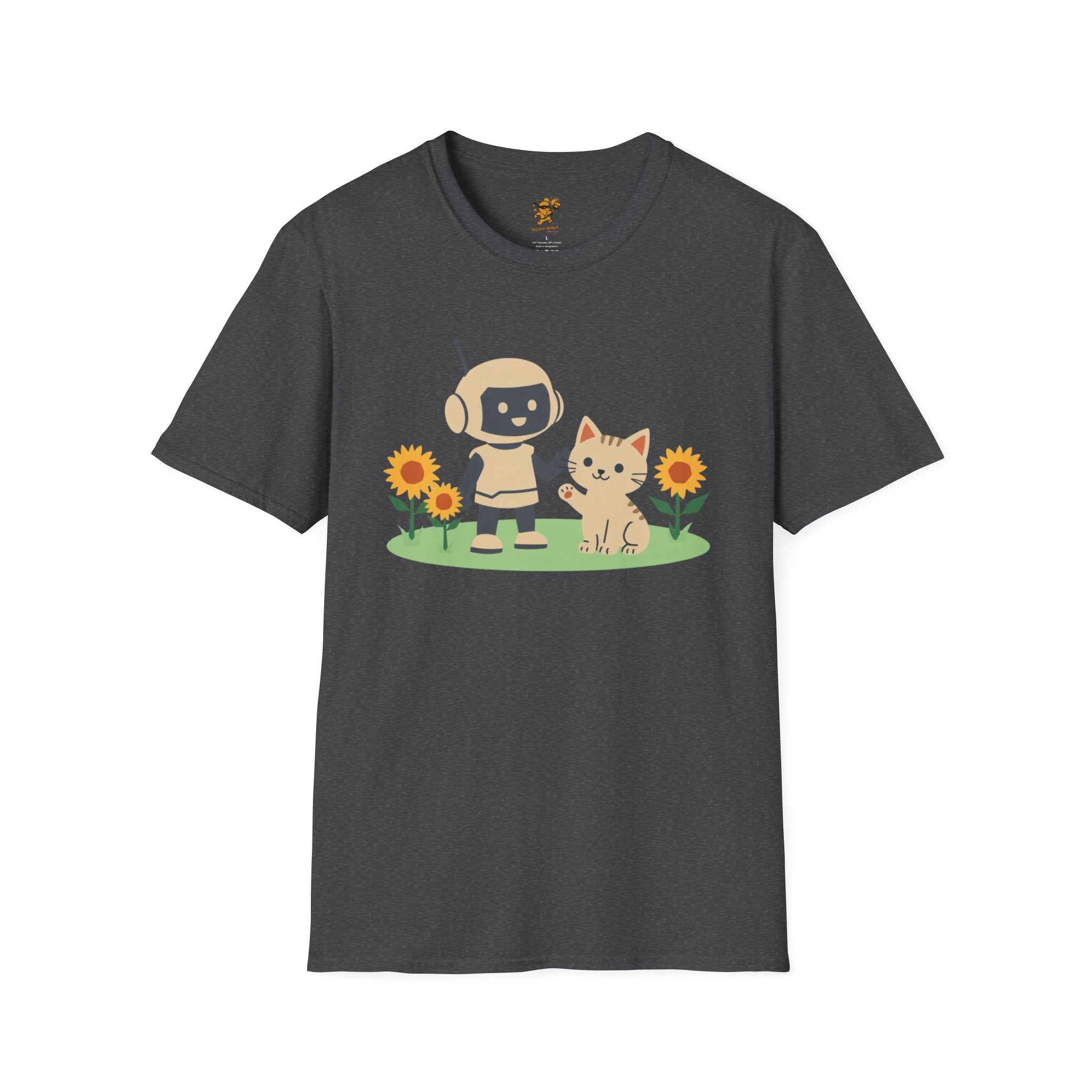 KidBots Kitten and Sunflowers Adult Unisex Softstyle T-Shirt | Fun Robot and Dog Design |  Pet Lovers, Casual Wear, Birthday, Every [...]