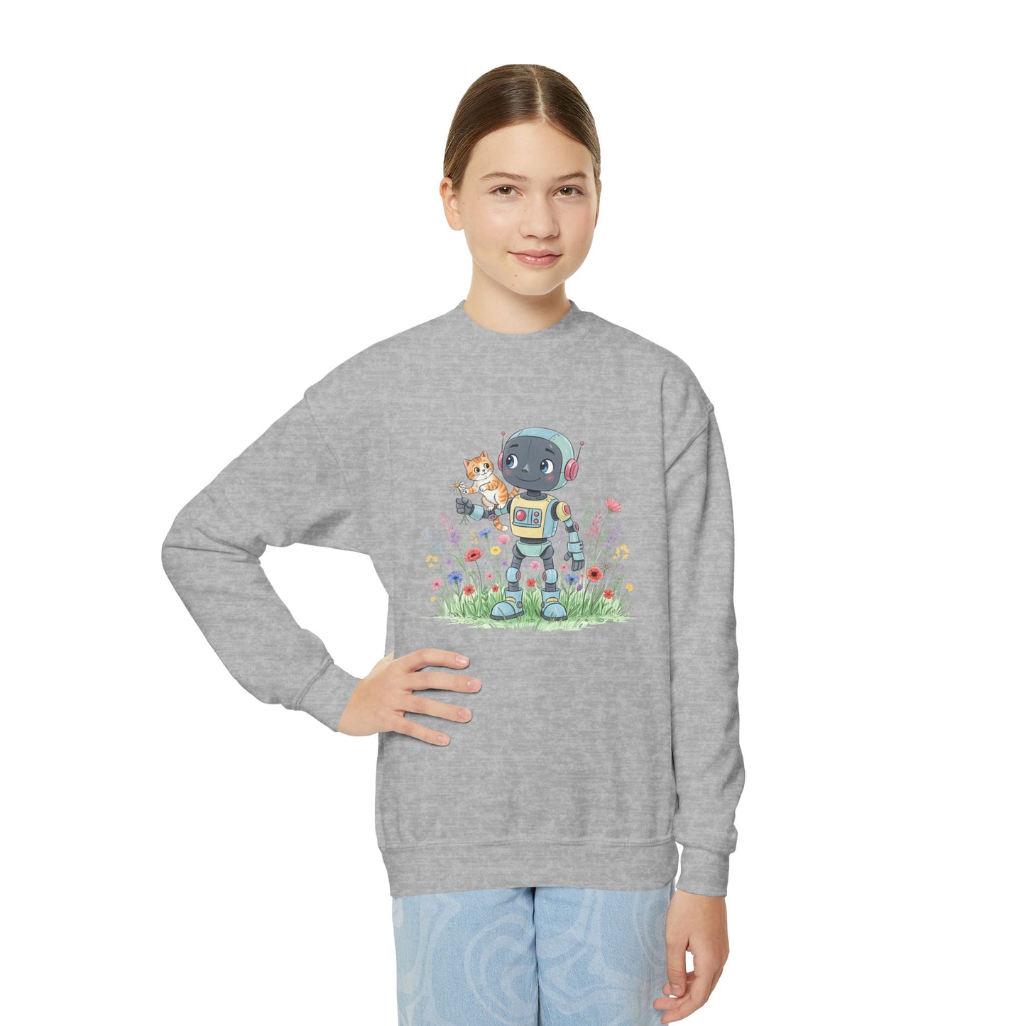 KidBots Kitty Ride Youth Crewneck Sweatshirt, Fun Kids Clothing, Gift for Children, Spring Look, Casual Wear