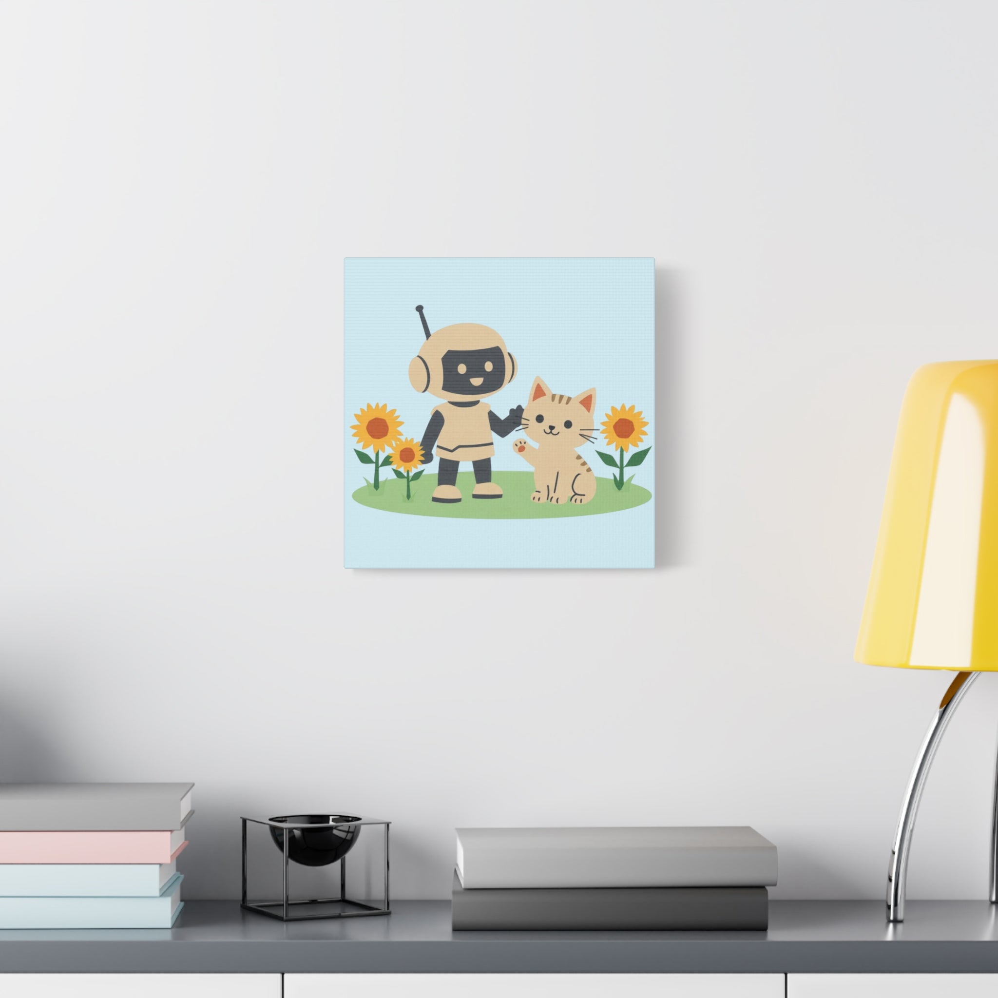Kidbots Collection, Kitten in Sunflowers, Whimsical Canvas Art, Playful Wall Decor, Kid-Friendly Room Accent, Nursery Artwork, Gift for Dog Lovers