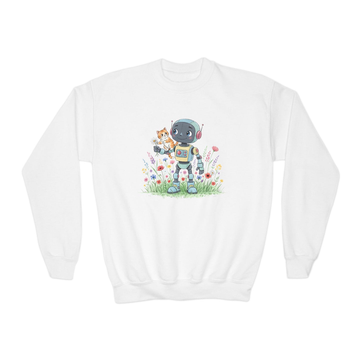 KidBots Kitty Ride Youth Crewneck Sweatshirt, Fun Kids Clothing, Gift for Children, Spring Look, Casual Wear