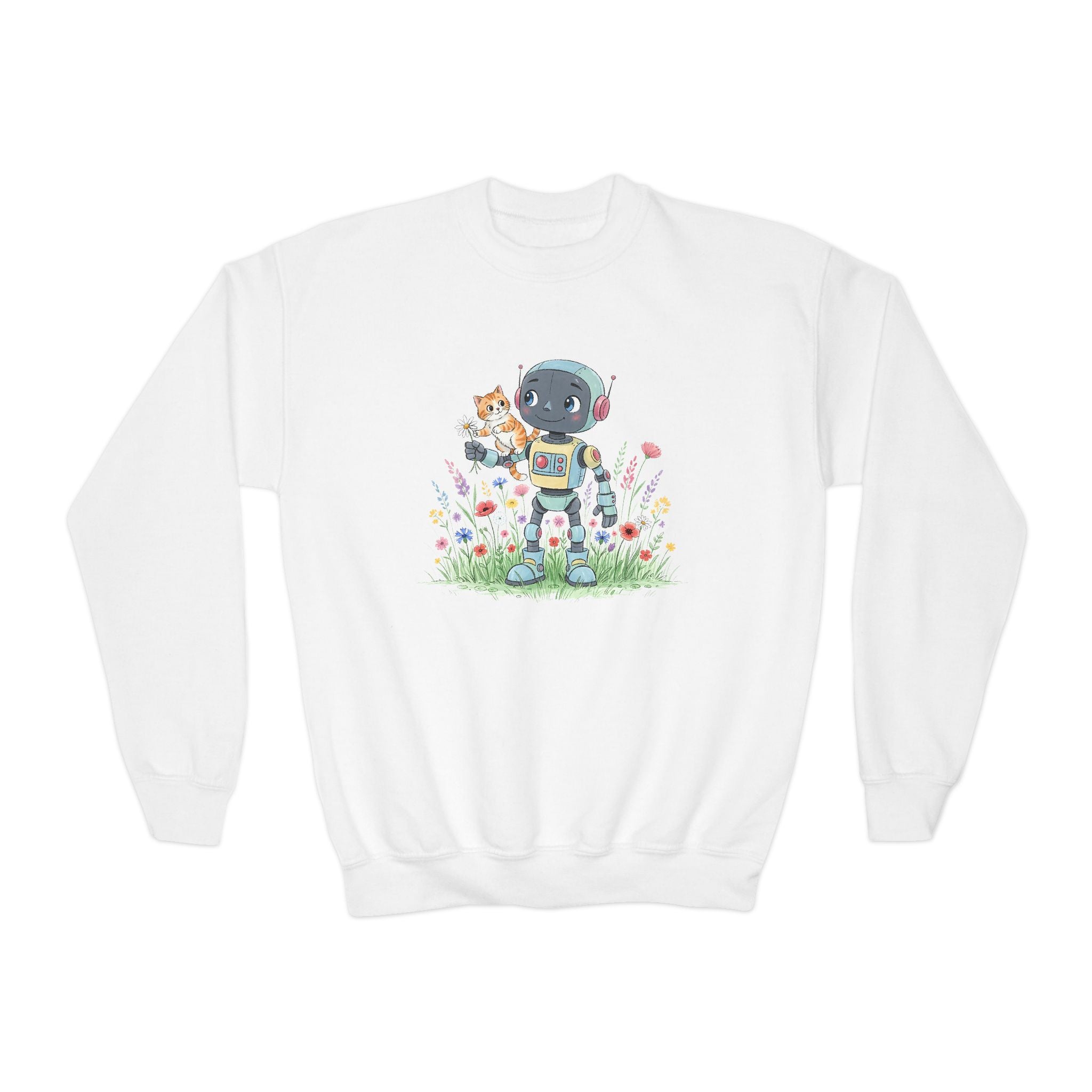 KidBots Kitty Ride Youth Crewneck Sweatshirt, Fun Kids Clothing, Gift for Children, Spring Look, Casual Wear