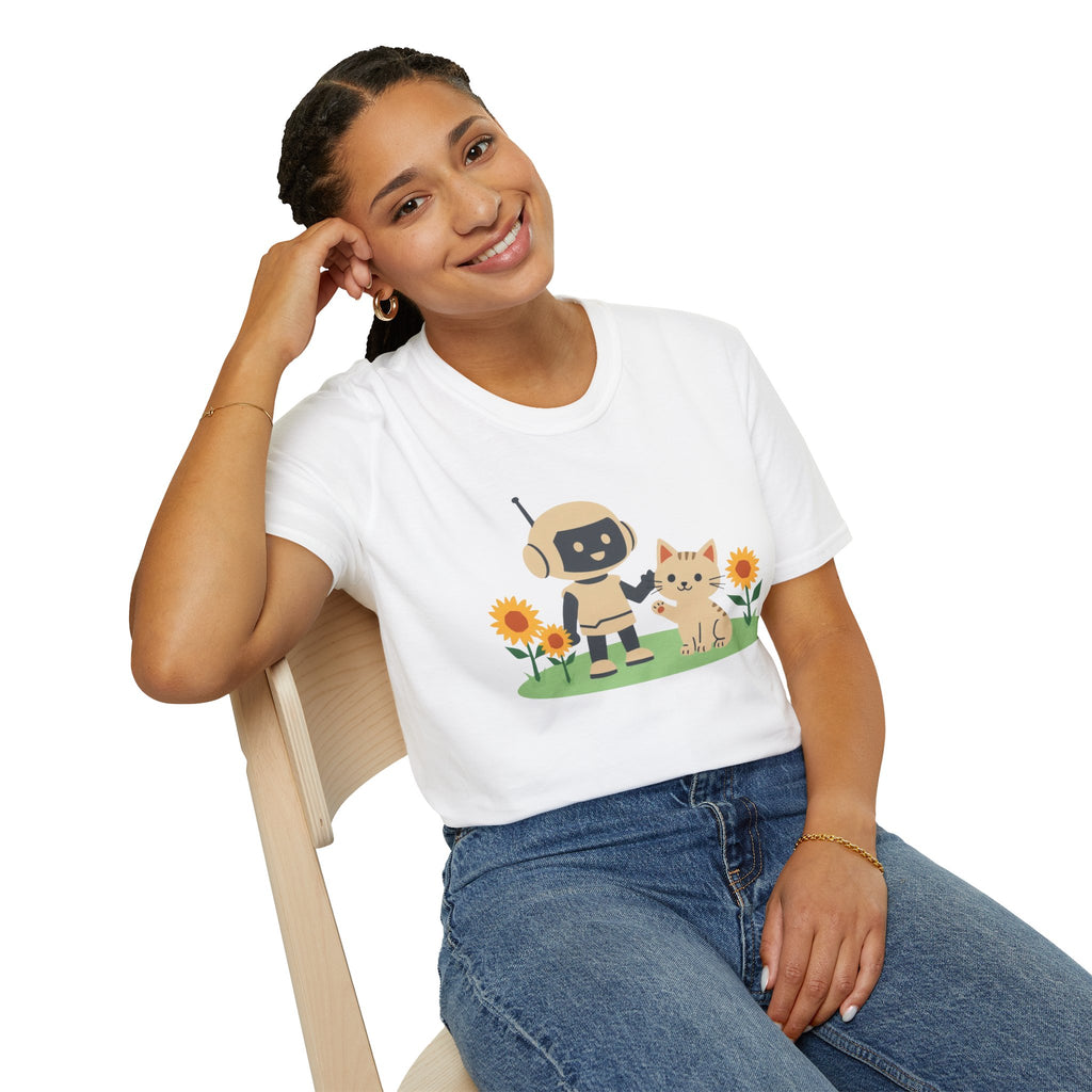 KidBots Kitten and Sunflowers Adult Unisex Softstyle T-Shirt | Fun Robot and Dog Design |  Pet Lovers, Casual Wear, Birthday, Every [...]