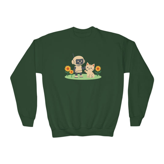 KidBots Kitten in Sunflowers Youth Crewneck Sweatshirt, Fun Kids Clothing, Gift for Children, Spring Look, Casual Wear