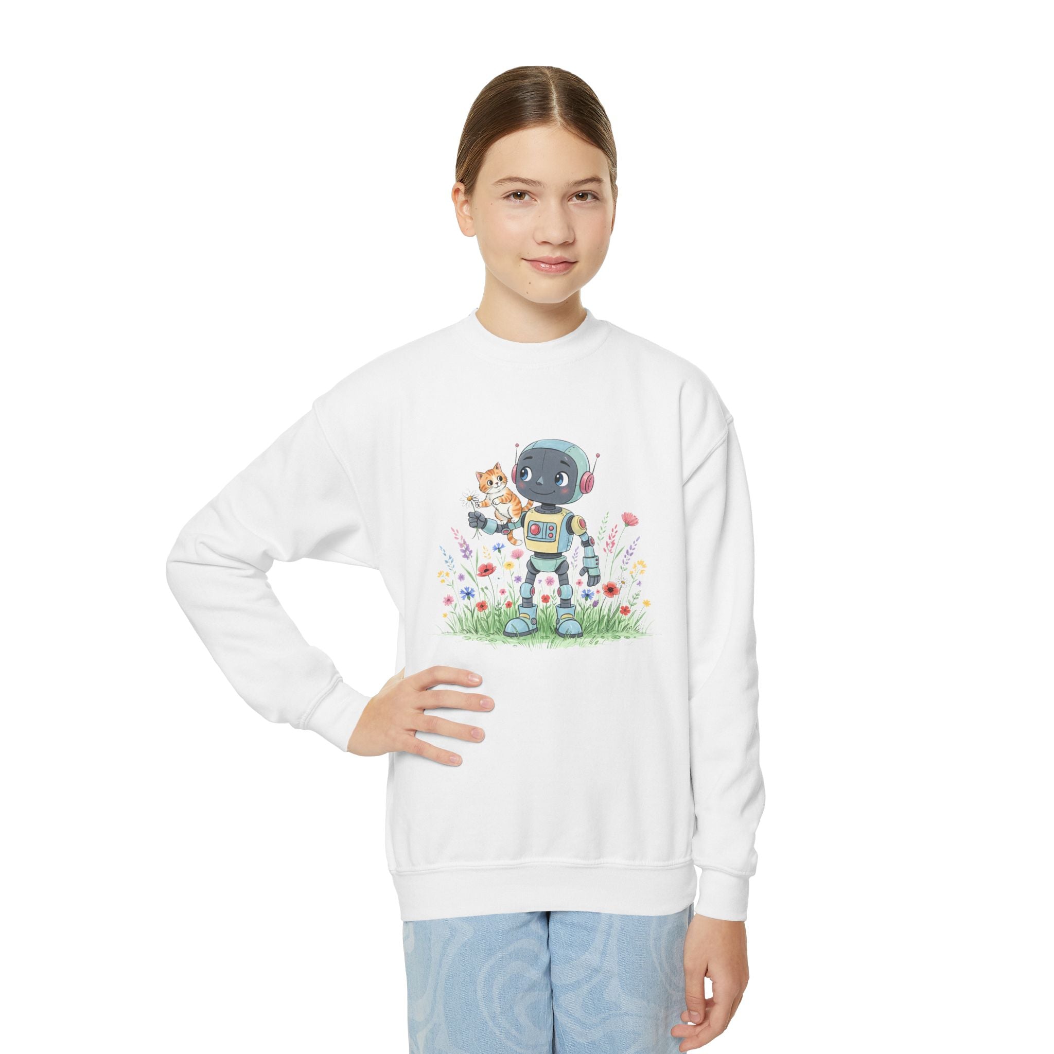 KidBots Kitty Ride Youth Crewneck Sweatshirt, Fun Kids Clothing, Gift for Children, Spring Look, Casual Wear