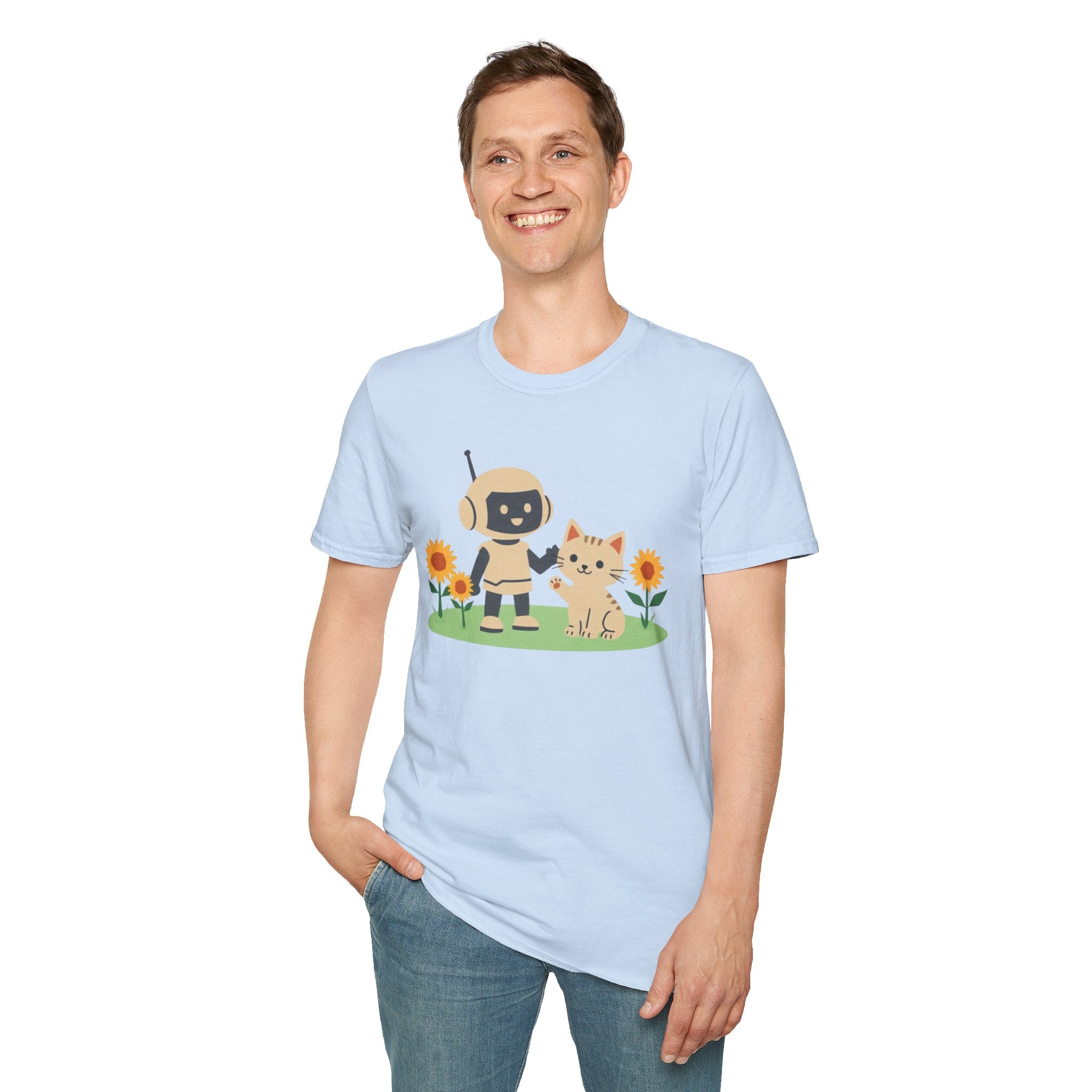 KidBots Kitten and Sunflowers Adult Unisex Softstyle T-Shirt | Fun Robot and Dog Design |  Pet Lovers, Casual Wear, Birthday, Every [...]