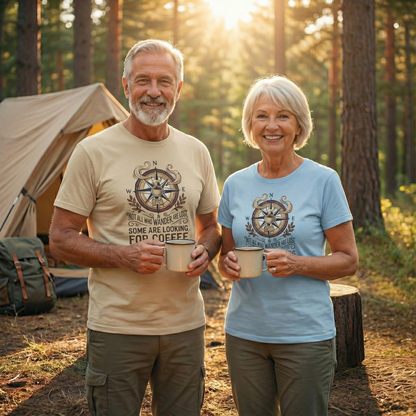 Coffee Compass T‑Shirt — "Not All Who Wander Are Lost, Some Are Looking for Coffee" Adventure Tee