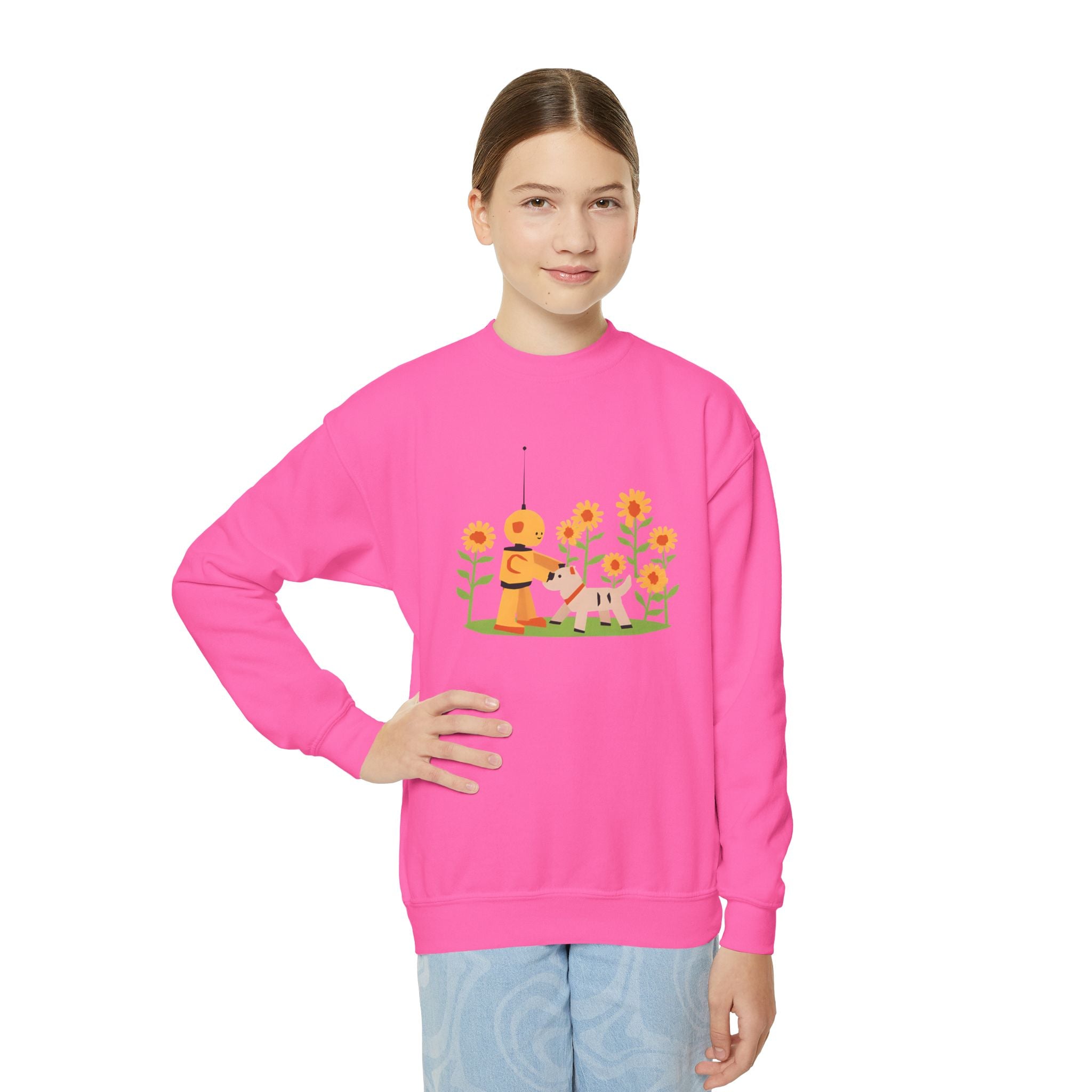KidBots Sunflowers and Puppy Youth Crewneck Sweatshirt, Fun Kids Clothing, Gift for Children, Spring Look, Casual Wear
