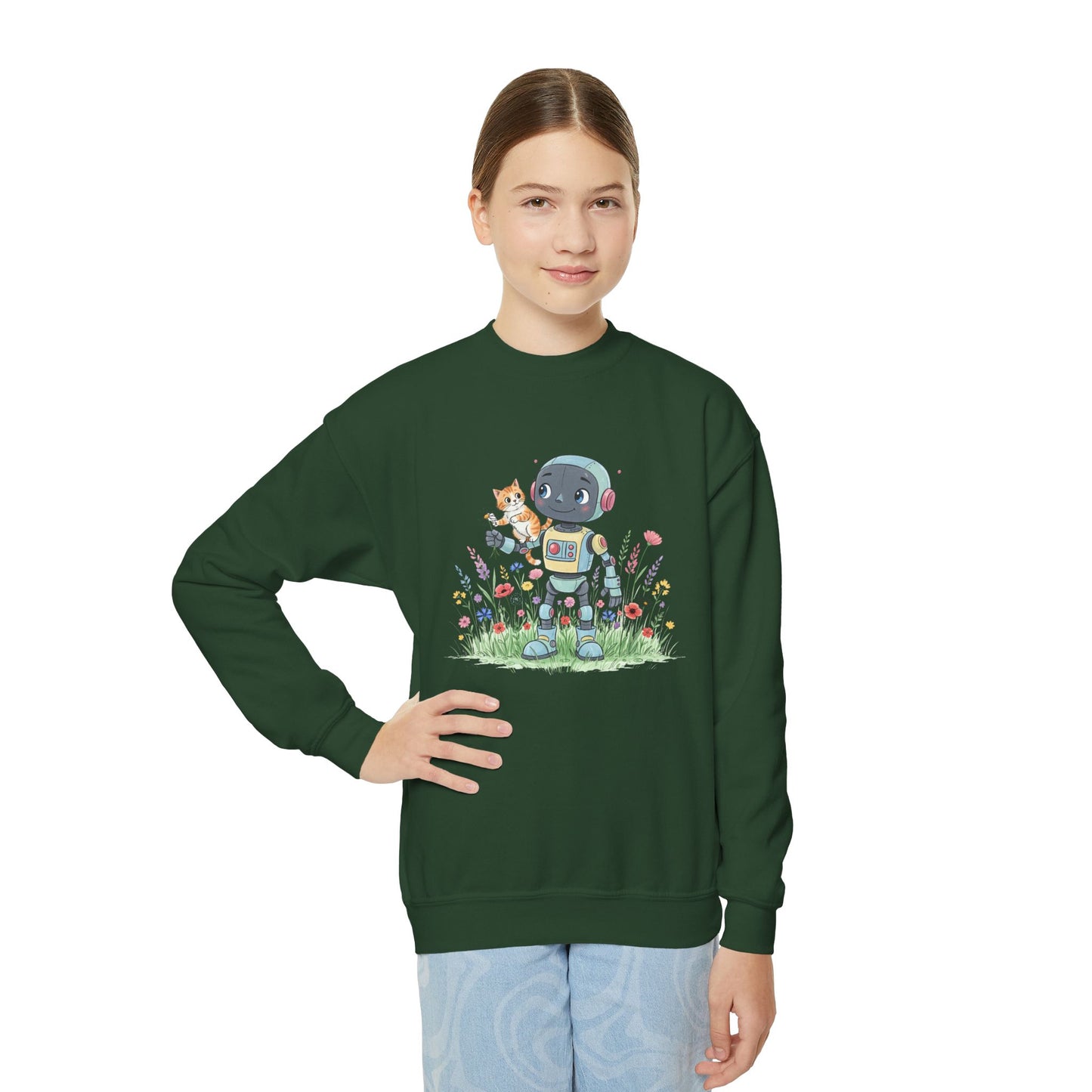 KidBots Kitty Ride Youth Crewneck Sweatshirt, Fun Kids Clothing, Gift for Children, Spring Look, Casual Wear
