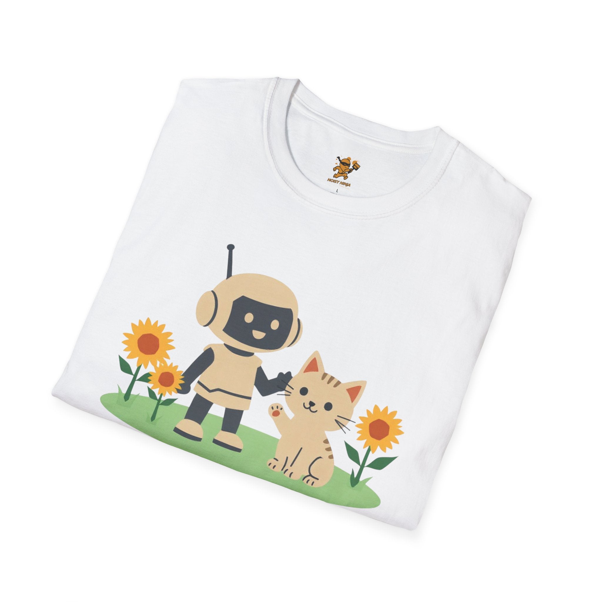 KidBots Kitten and Sunflowers Adult Unisex Softstyle T-Shirt | Fun Robot and Dog Design |  Pet Lovers, Casual Wear, Birthday, Every [...]