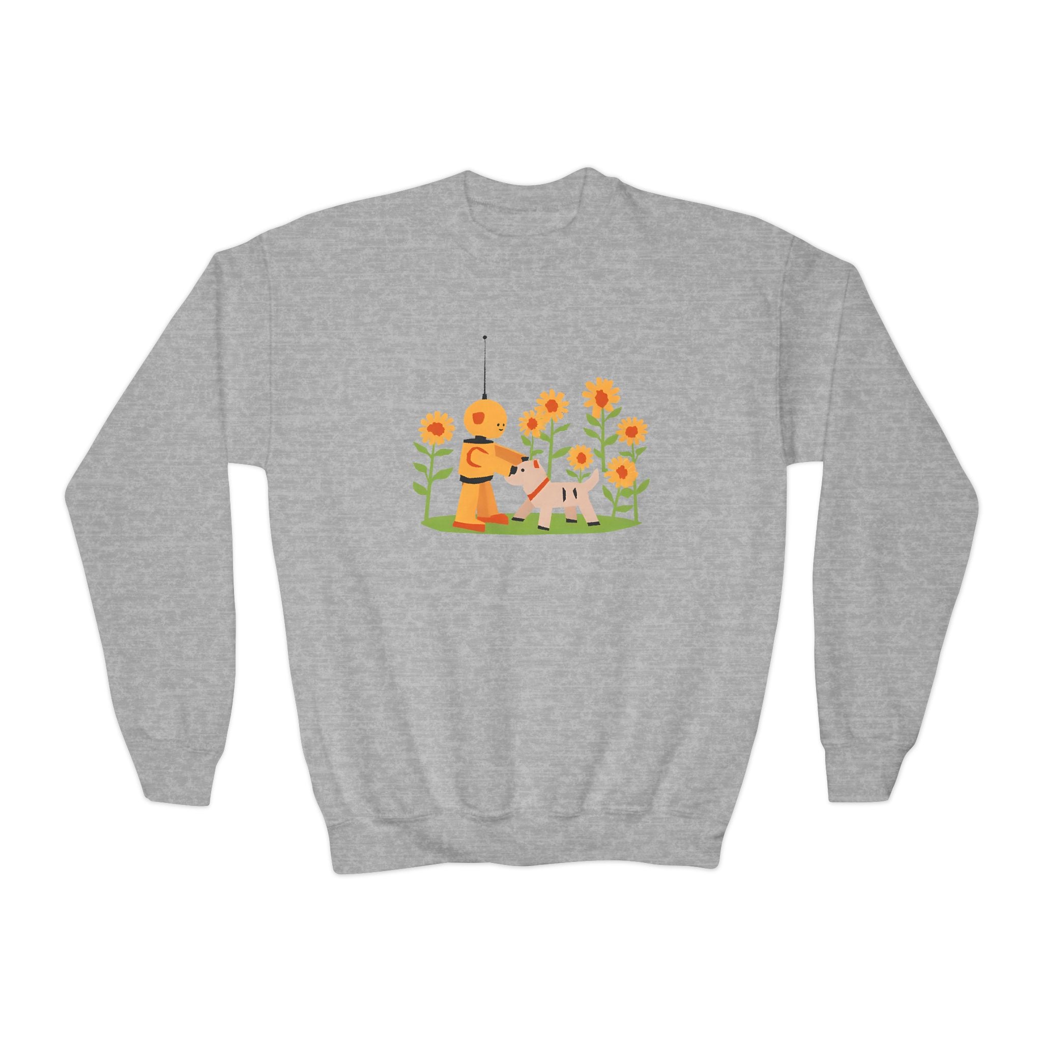 KidBots Sunflowers and Puppy Youth Crewneck Sweatshirt, Fun Kids Clothing, Gift for Children, Spring Look, Casual Wear