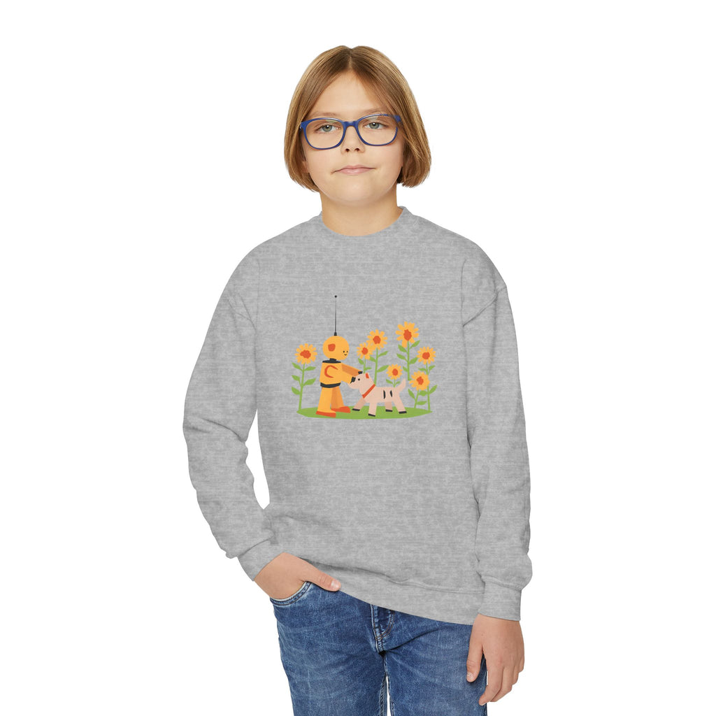 KidBots Sunflowers and Puppy Youth Crewneck Sweatshirt, Fun Kids Clothing, Gift for Children, Spring Look, Casual Wear