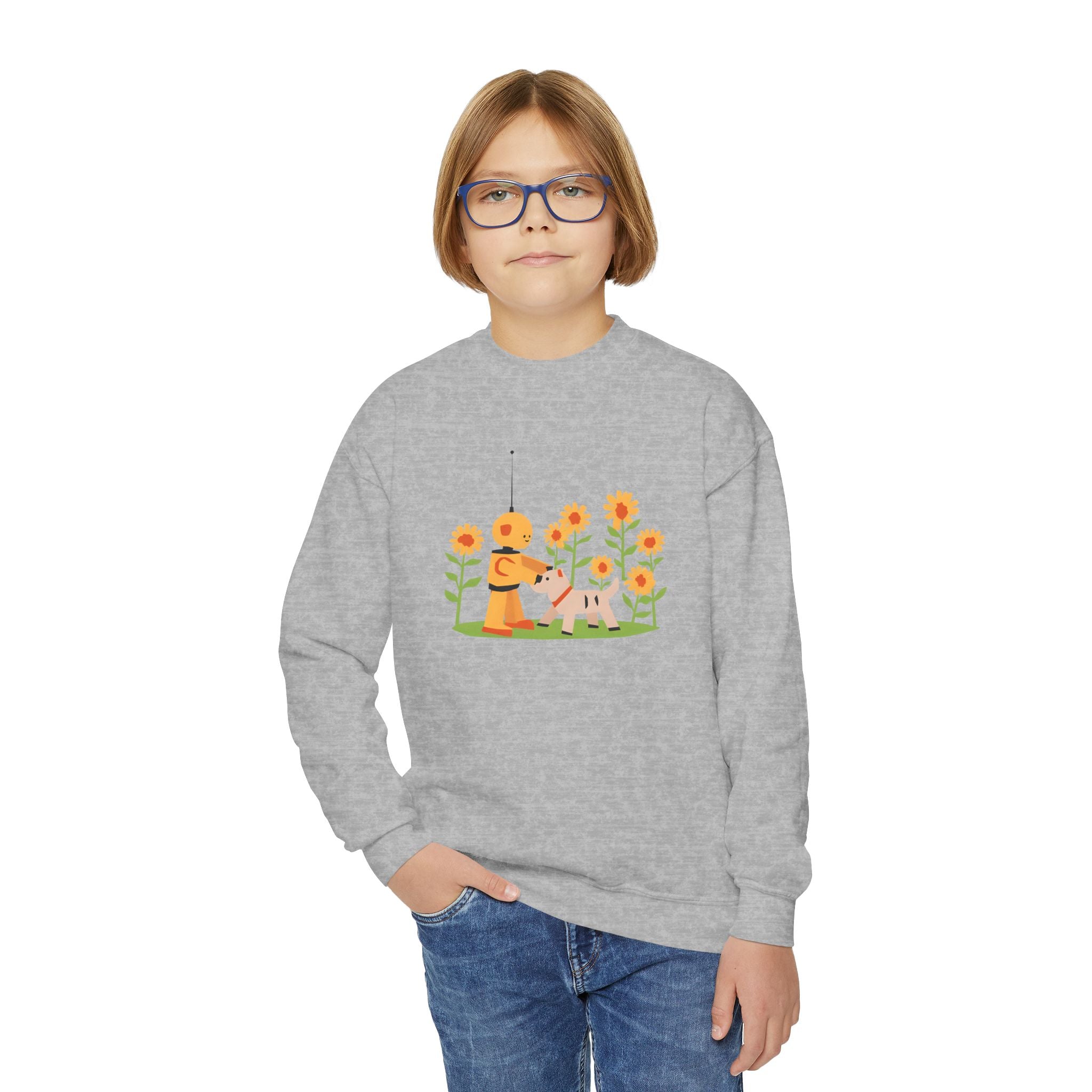 KidBots Sunflowers and Puppy Youth Crewneck Sweatshirt, Fun Kids Clothing, Gift for Children, Spring Look, Casual Wear