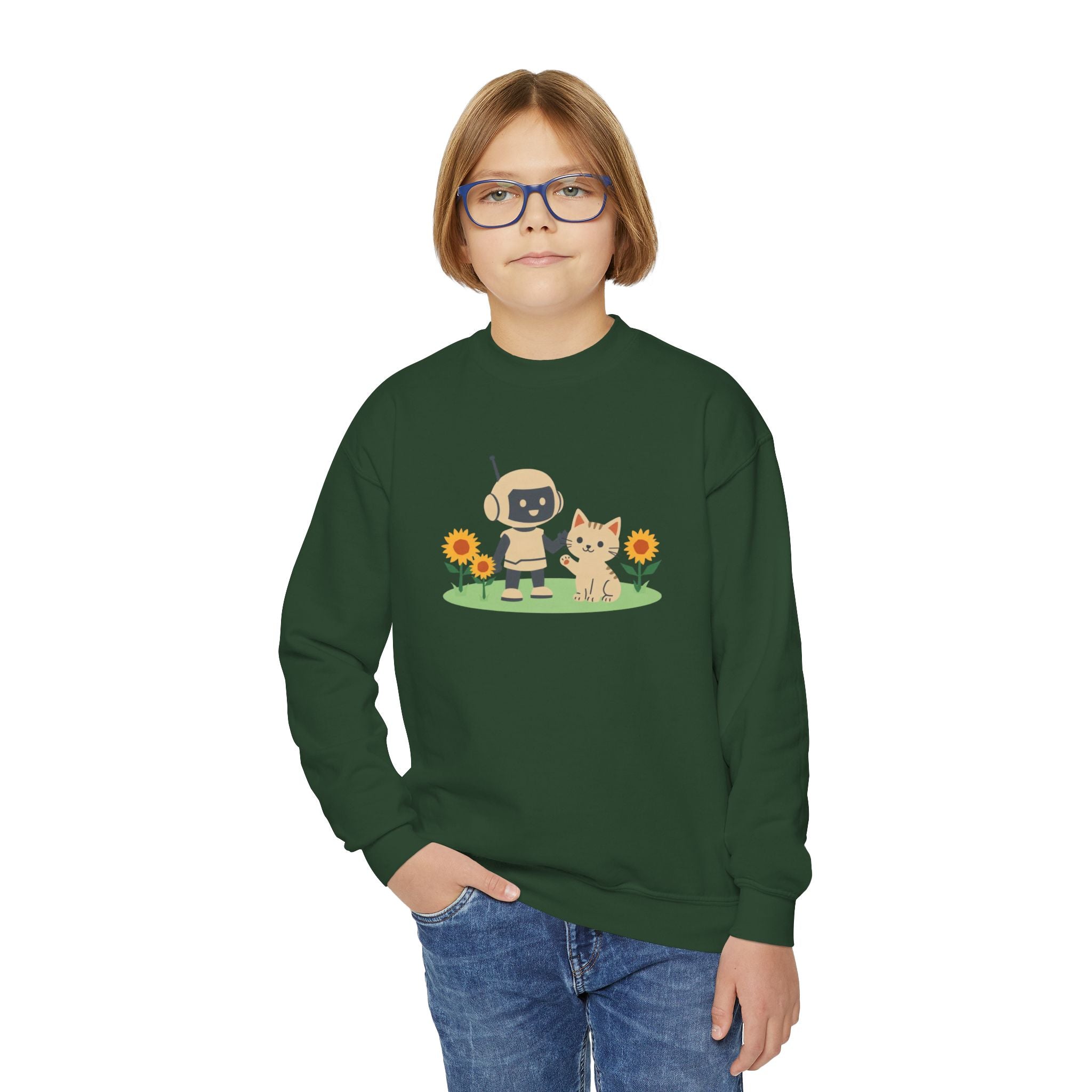KidBots Kitten in Sunflowers Youth Crewneck Sweatshirt, Fun Kids Clothing, Gift for Children, Spring Look, Casual Wear