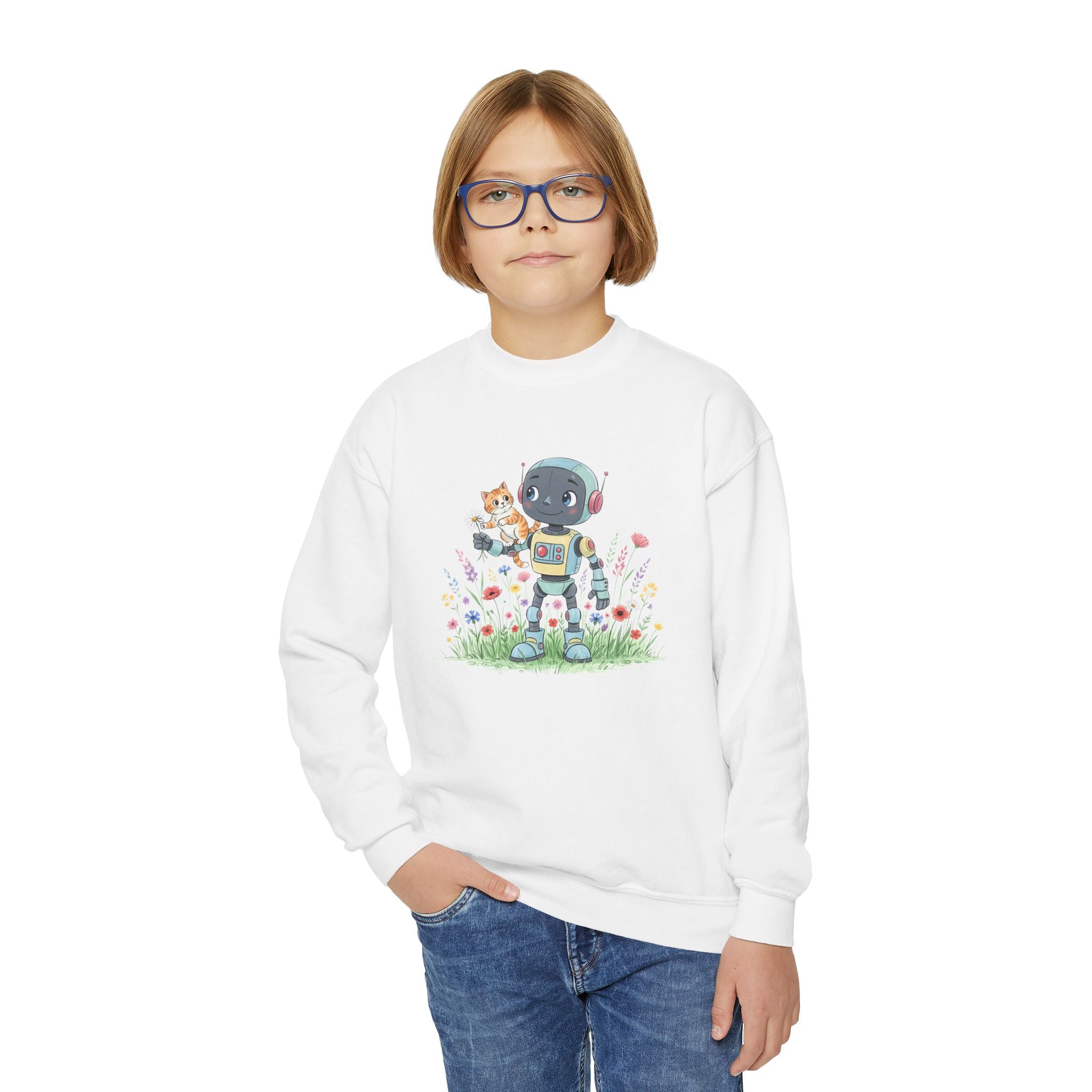 KidBots Kitty Ride Youth Crewneck Sweatshirt, Fun Kids Clothing, Gift for Children, Spring Look, Casual Wear