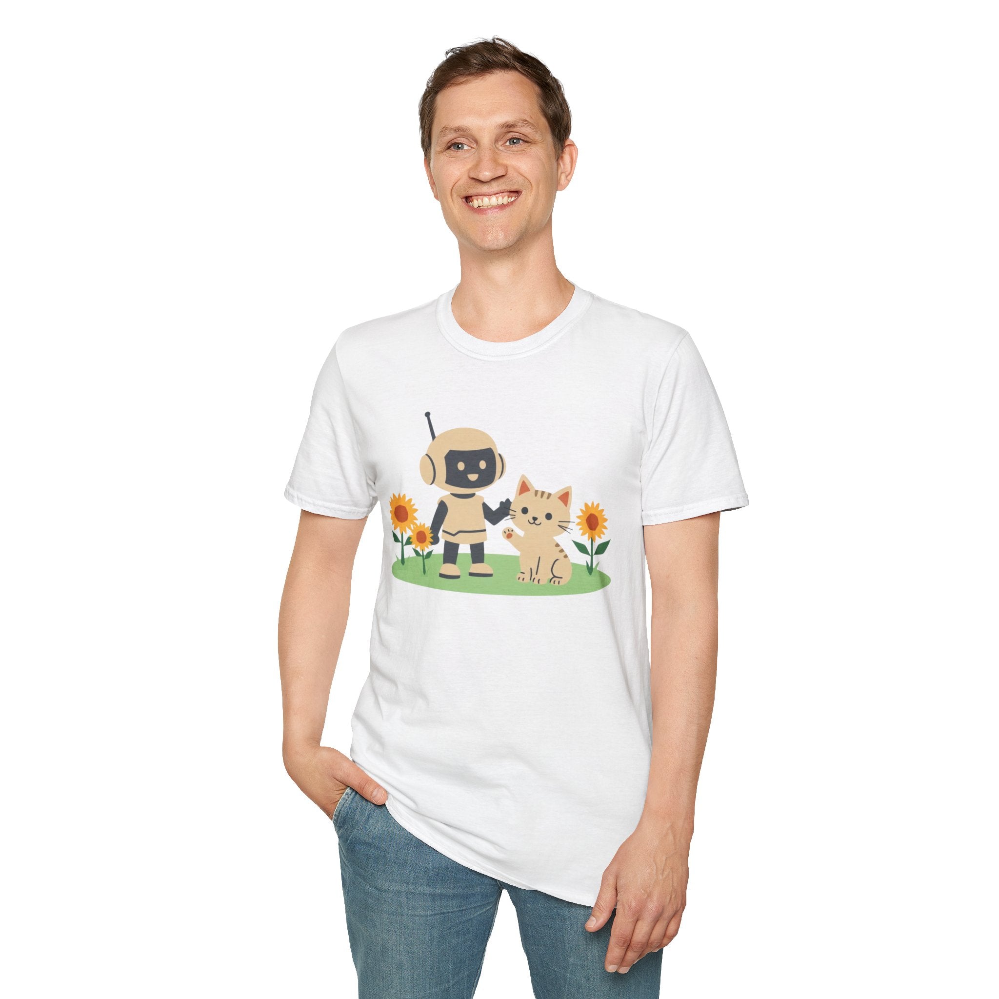 KidBots Kitten and Sunflowers Adult Unisex Softstyle T-Shirt | Fun Robot and Dog Design |  Pet Lovers, Casual Wear, Birthday, Every [...]