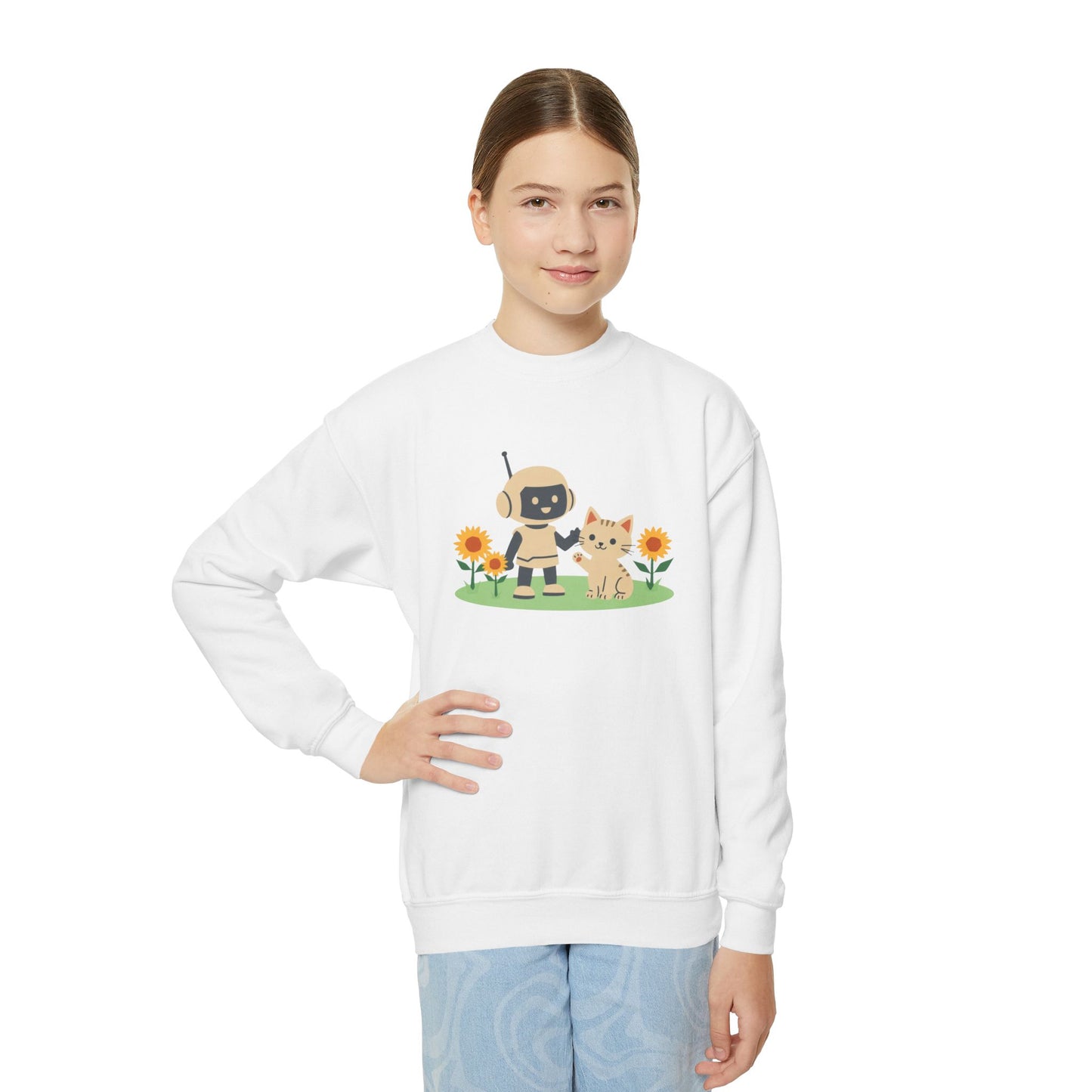 KidBots Kitten in Sunflowers Youth Crewneck Sweatshirt, Fun Kids Clothing, Gift for Children, Spring Look, Casual Wear