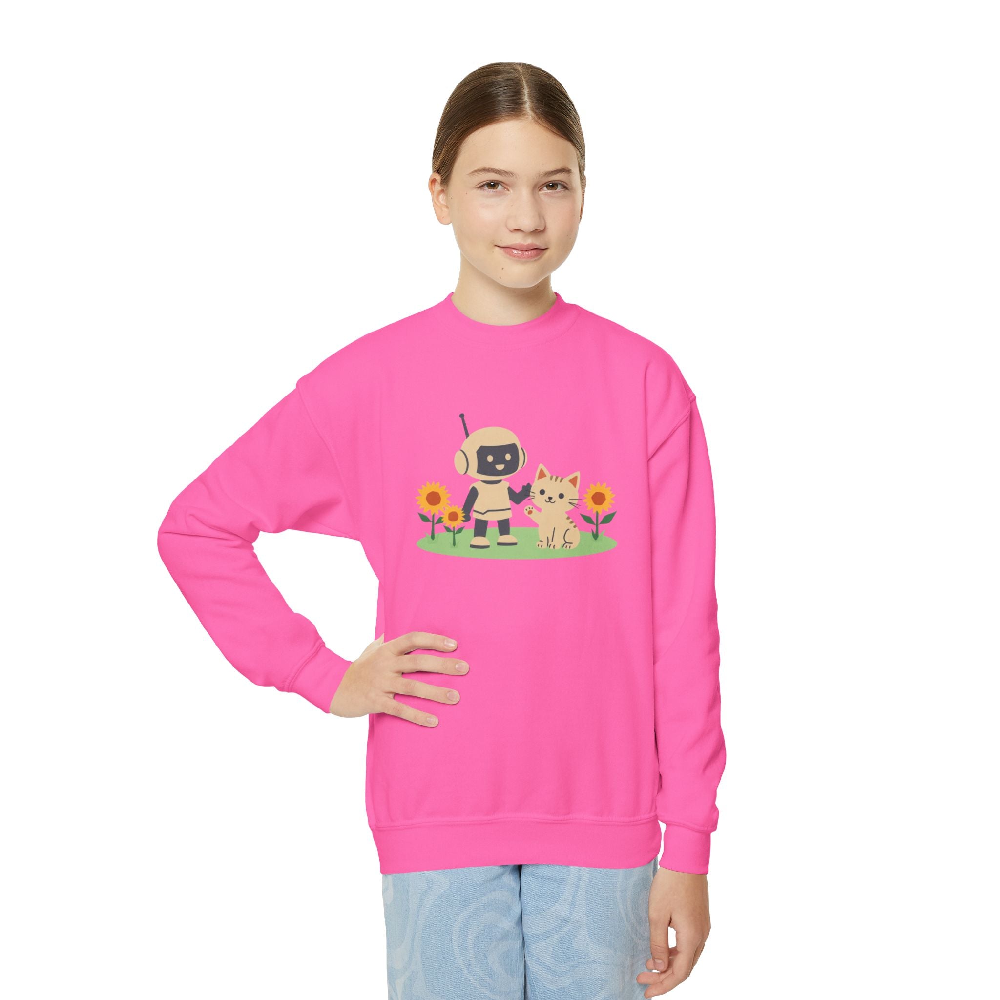 KidBots Kitten in Sunflowers Youth Crewneck Sweatshirt, Fun Kids Clothing, Gift for Children, Spring Look, Casual Wear