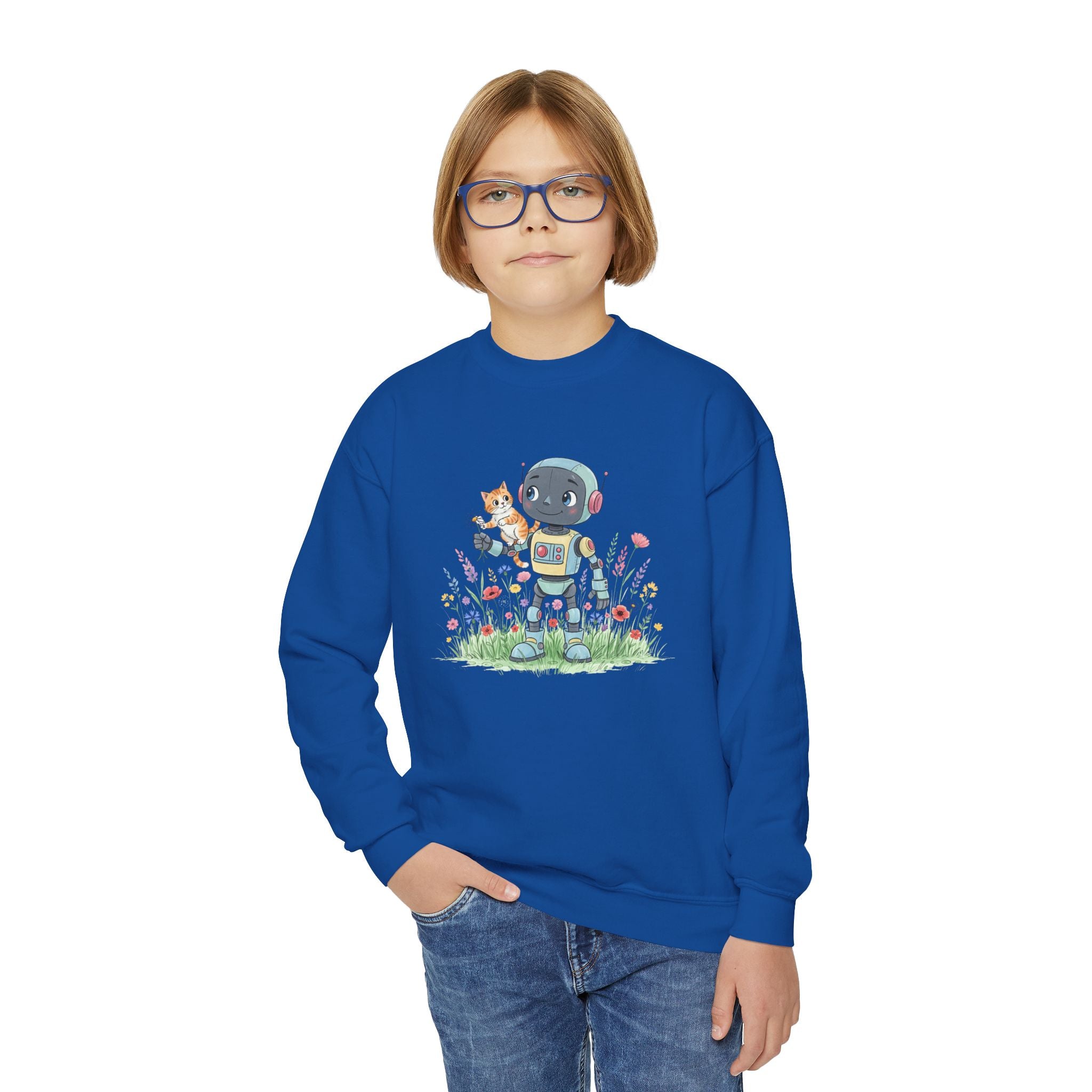 KidBots Kitty Ride Youth Crewneck Sweatshirt, Fun Kids Clothing, Gift for Children, Spring Look, Casual Wear
