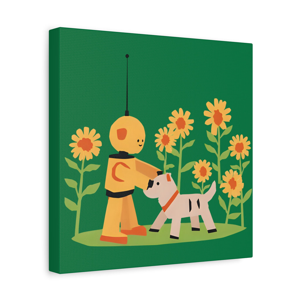 Kidbots Collection, sunflowers and puppy, Whimsical Canvas Art, Playful Wall Decor, Kid-Friendly Room Accent, Nursery Artwork, Gift for Dog Lovers