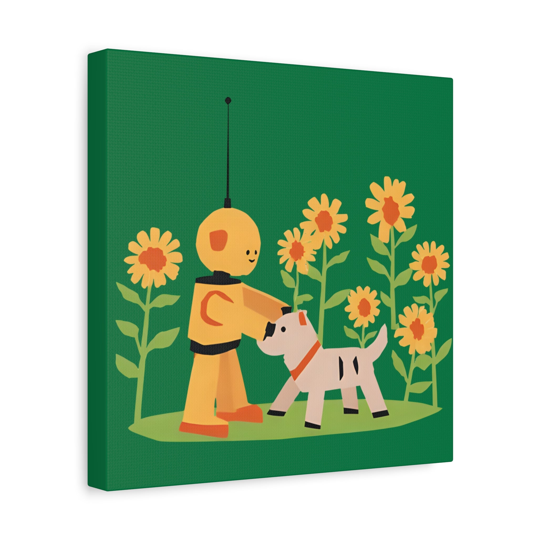 Kidbots Collection, sunflowers and puppy, Whimsical Canvas Art, Playful Wall Decor, Kid-Friendly Room Accent, Nursery Artwork, Gift for Dog Lovers
