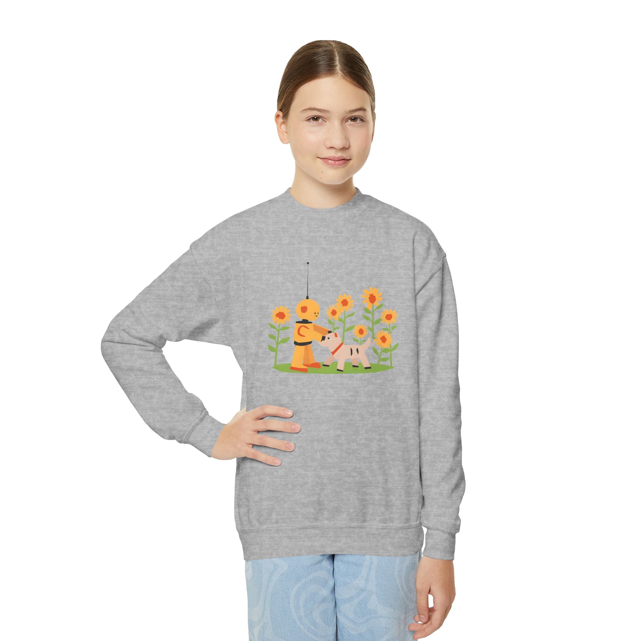 KidBots Sunflowers and Puppy Youth Crewneck Sweatshirt, Fun Kids Clothing, Gift for Children, Spring Look, Casual Wear
