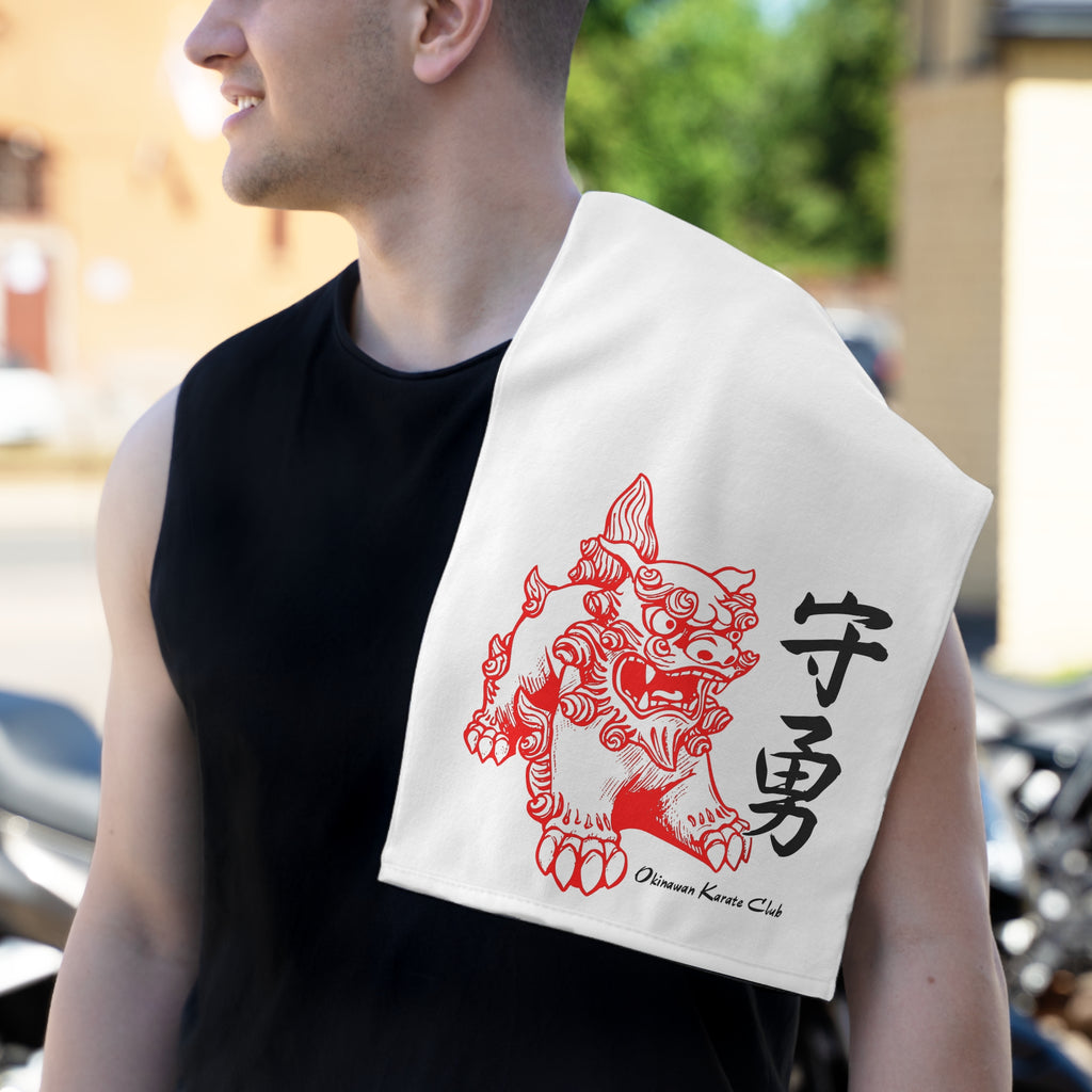 Rally Towel with Okinawan Shisha Design, Sport Towel for Martial Arts, Gym Towel, Karate Gift, Fitness Motivational Towel