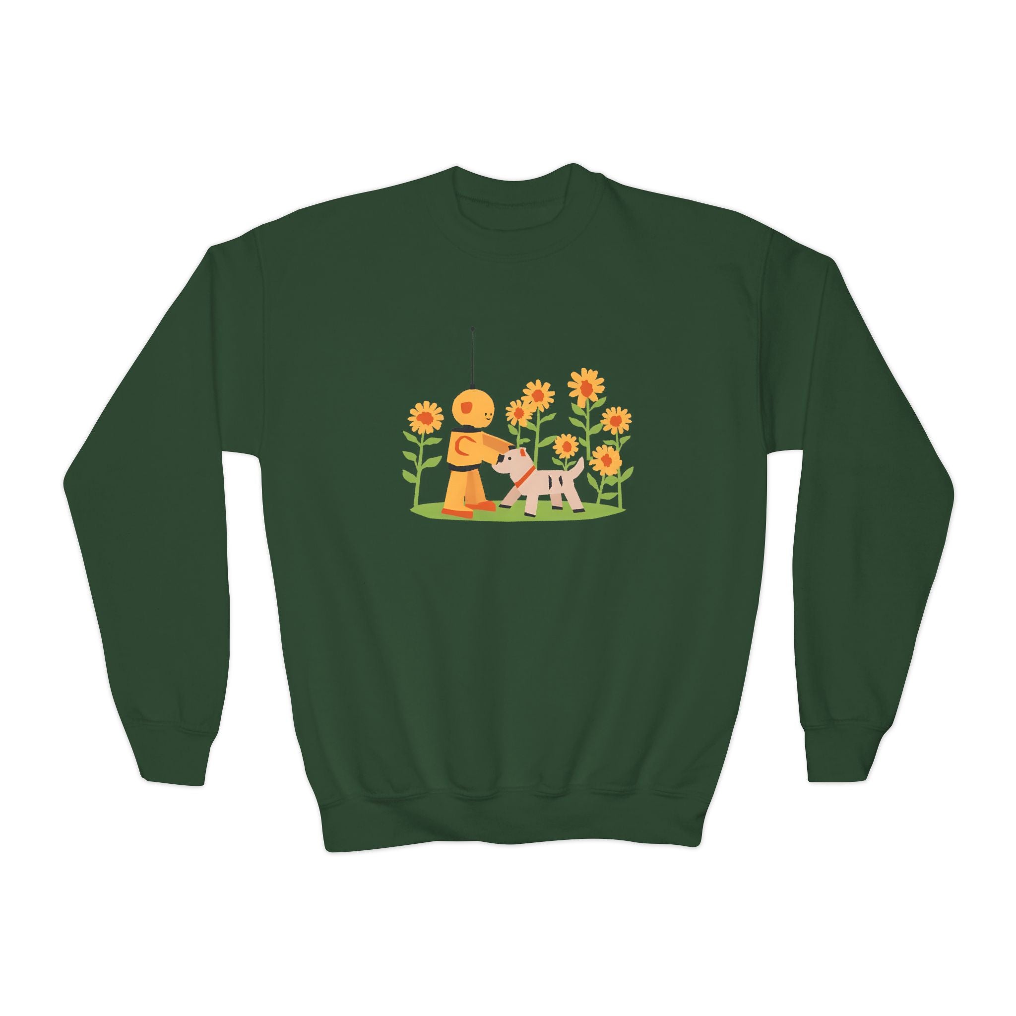 KidBots Sunflowers and Puppy Youth Crewneck Sweatshirt, Fun Kids Clothing, Gift for Children, Spring Look, Casual Wear