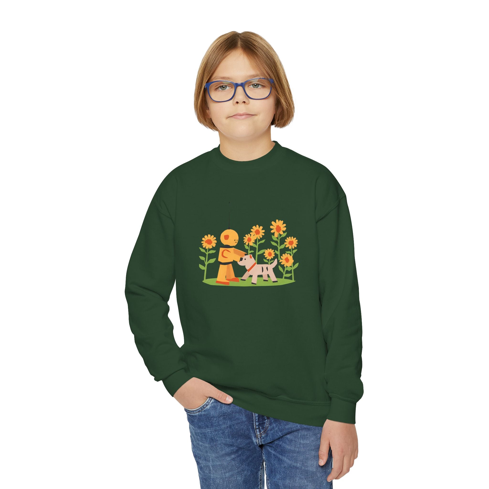 KidBots Sunflowers and Puppy Youth Crewneck Sweatshirt, Fun Kids Clothing, Gift for Children, Spring Look, Casual Wear