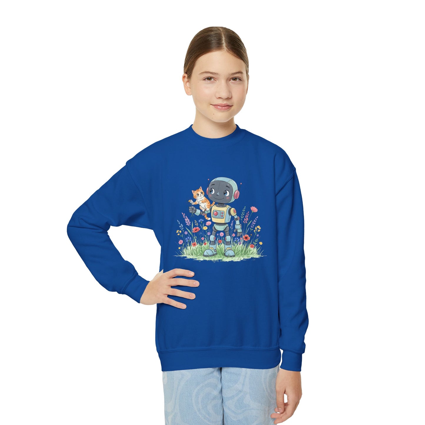 KidBots Kitty Ride Youth Crewneck Sweatshirt, Fun Kids Clothing, Gift for Children, Spring Look, Casual Wear