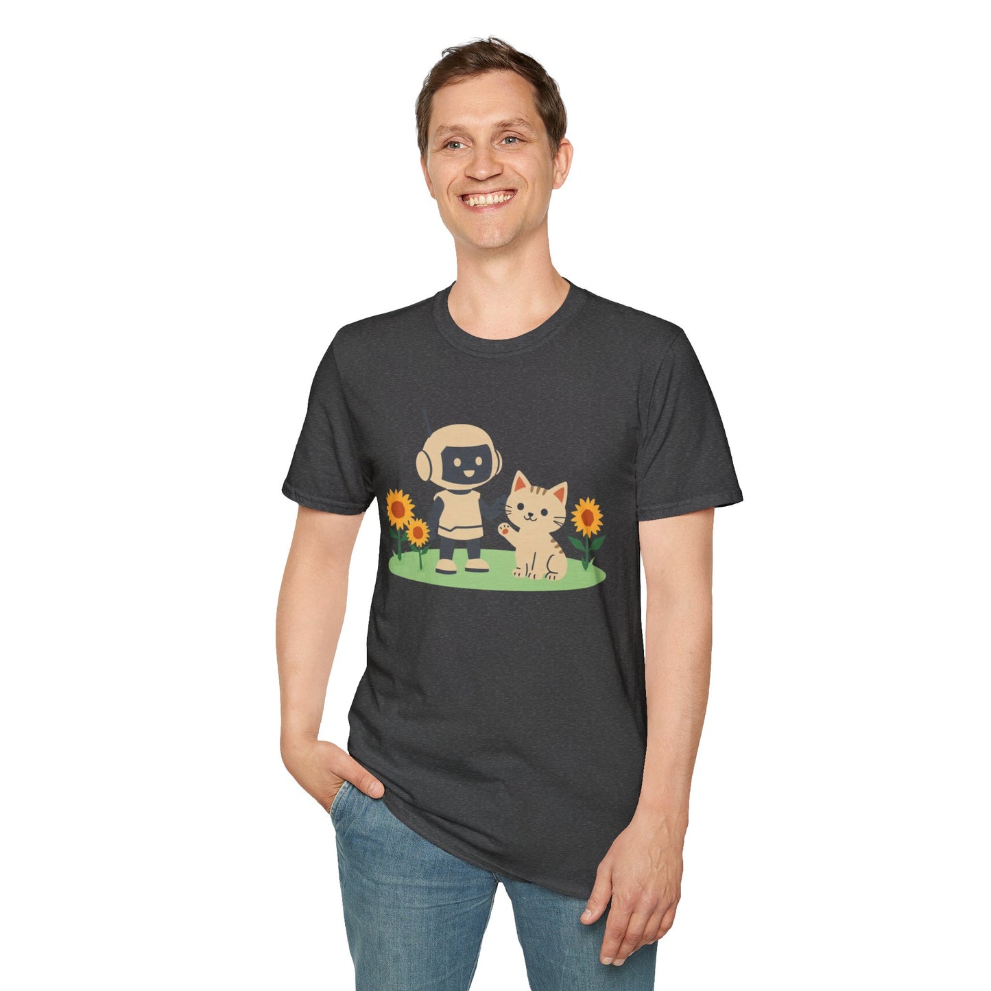 KidBots Kitten and Sunflowers Adult Unisex Softstyle T-Shirt | Fun Robot and Dog Design |  Pet Lovers, Casual Wear, Birthday, Every [...]