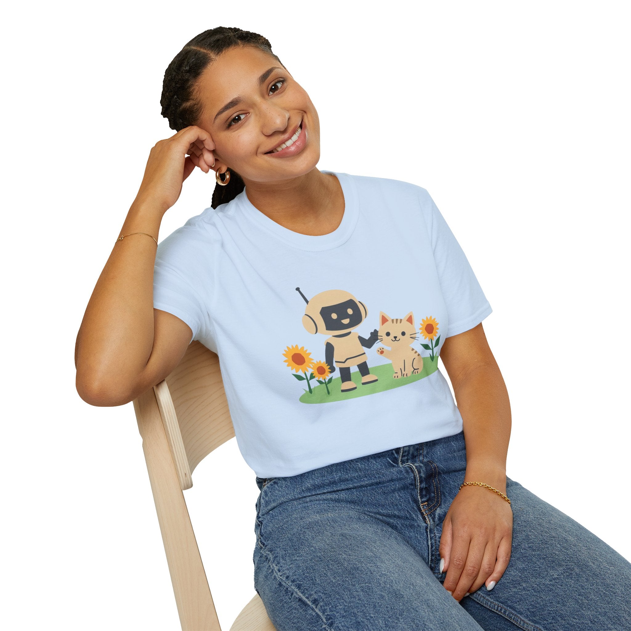 KidBots Kitten and Sunflowers Adult Unisex Softstyle T-Shirt | Fun Robot and Dog Design |  Pet Lovers, Casual Wear, Birthday, Every [...]