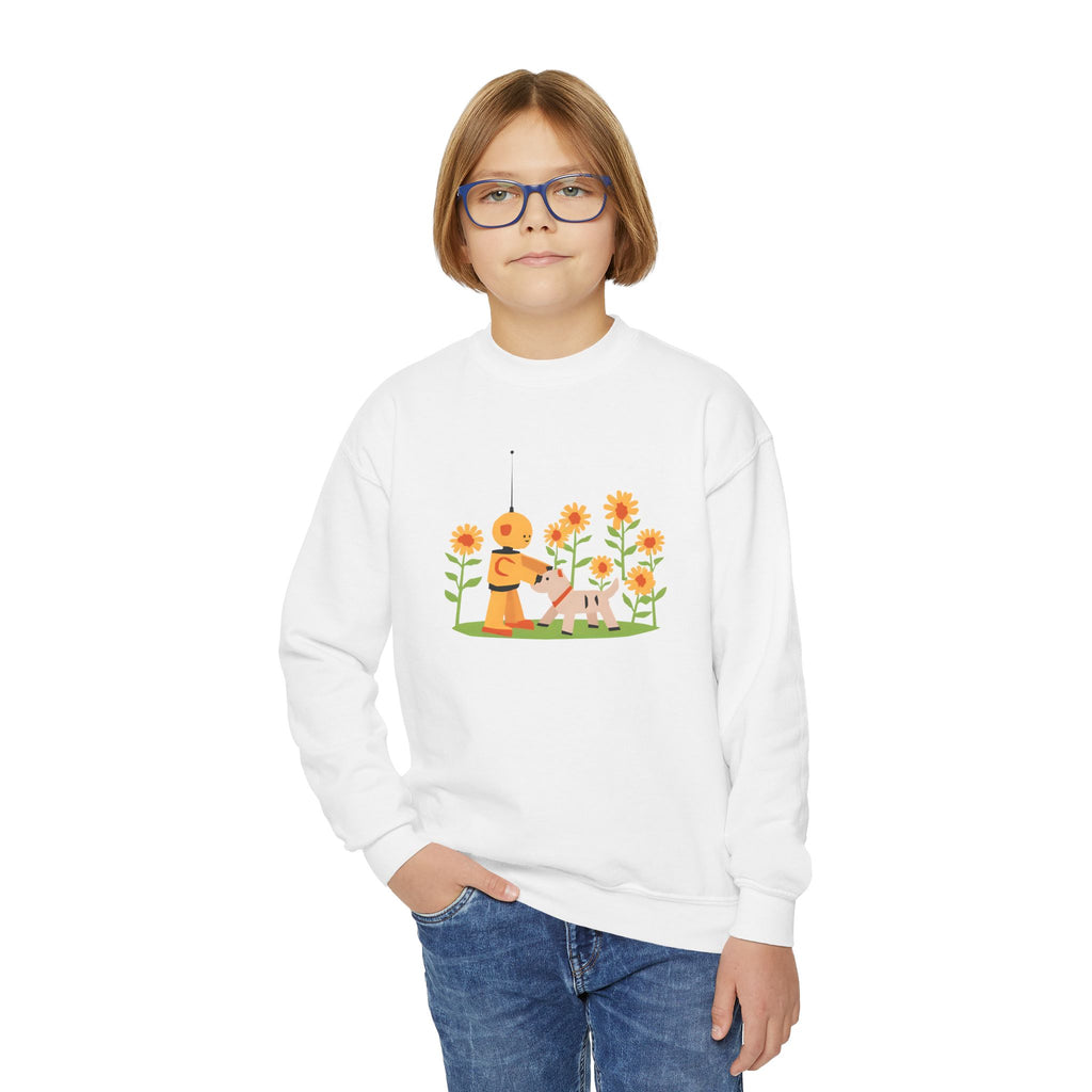 KidBots Sunflowers and Puppy Youth Crewneck Sweatshirt, Fun Kids Clothing, Gift for Children, Spring Look, Casual Wear